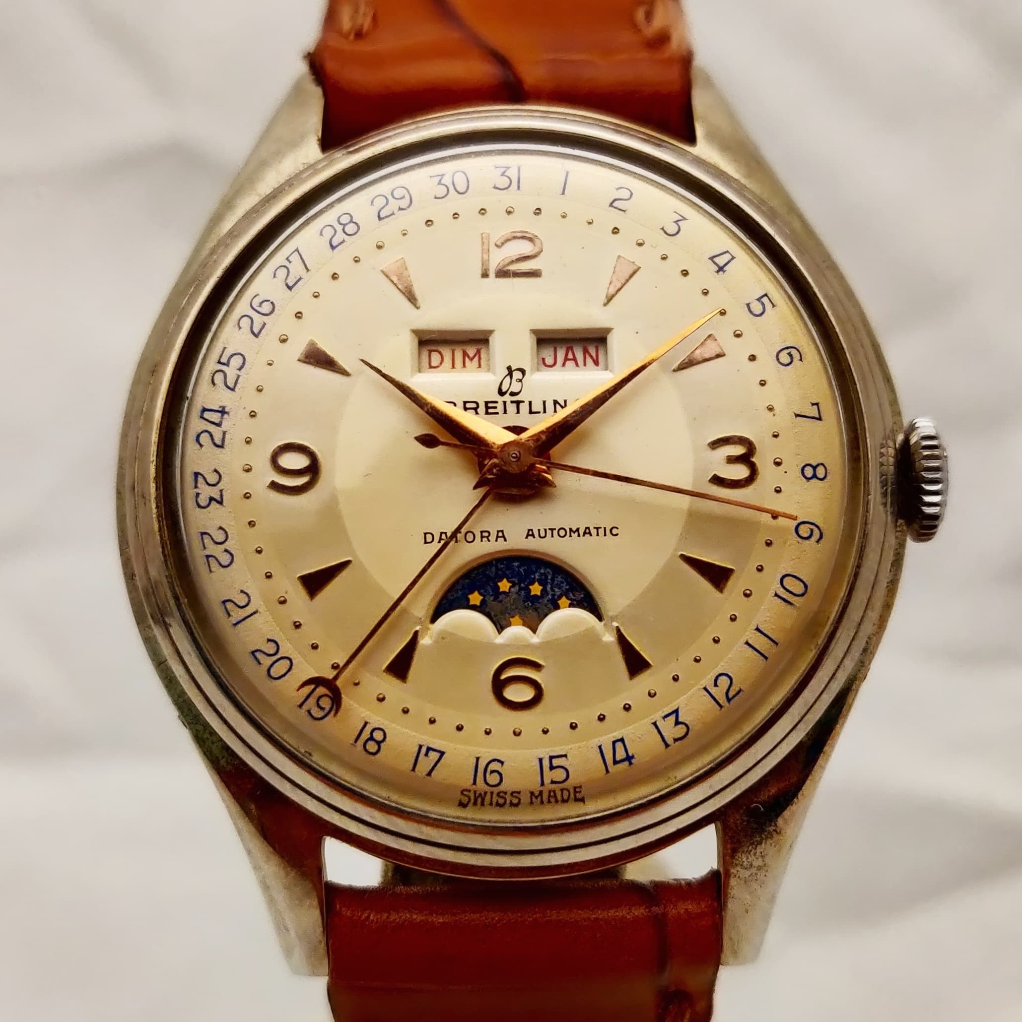 Reloj Breitling Datora Automatic vintage acero dorado con fase lunar y calendario triple en Joyería Recoleta