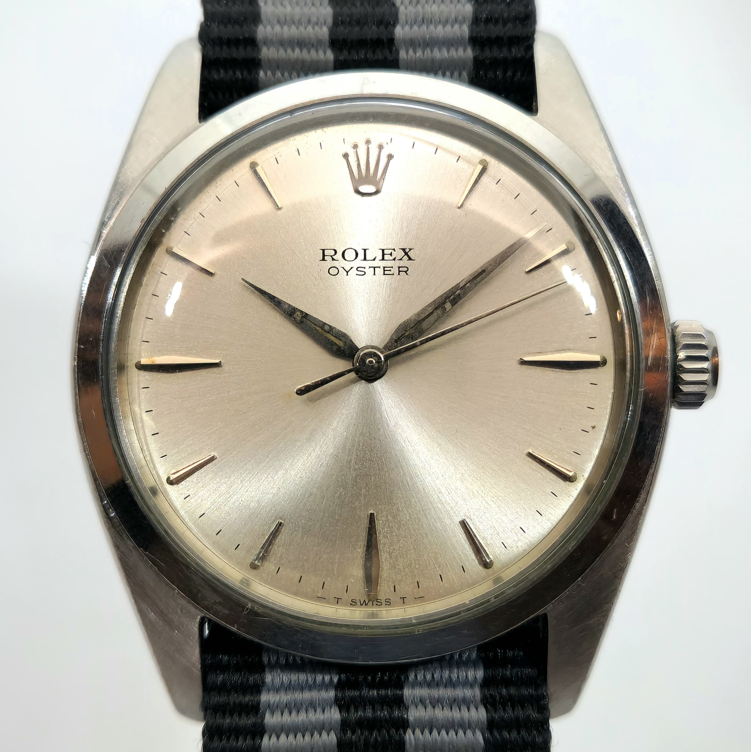 Reloj Rolex Oyster ref. 6424 vintage acero inoxidable esfera soleil plateada correa NATO en Joyería Recoleta