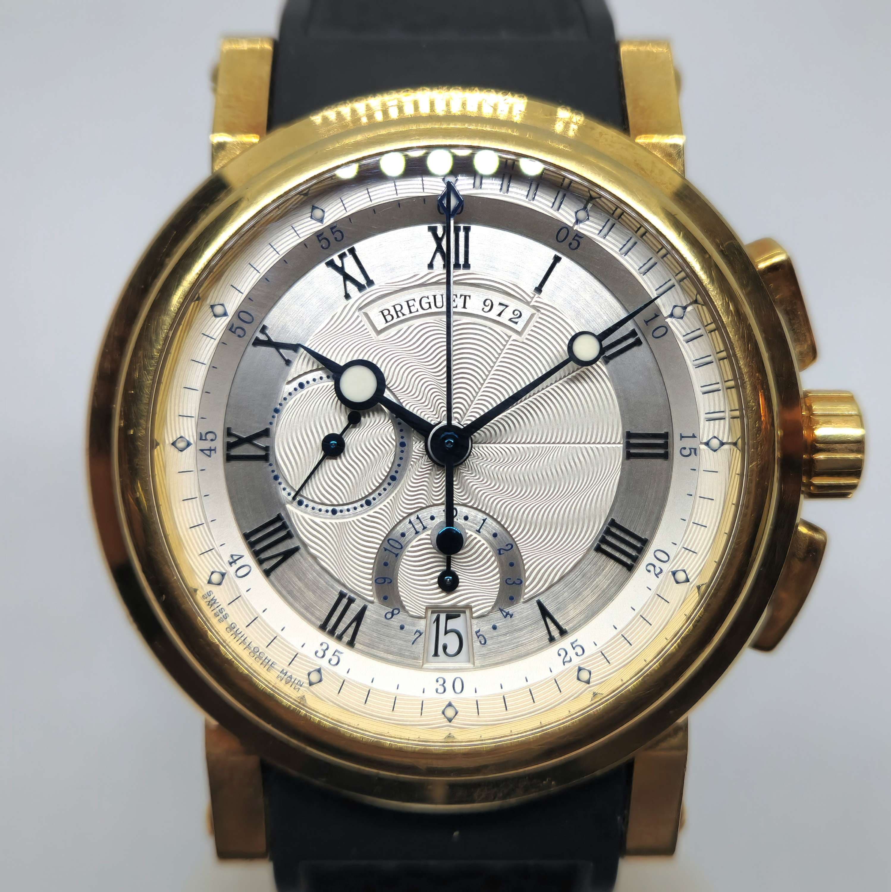 Reloj Breguet Marine Cronógrafo Flyback en oro amarillo 18k con esfera guilloché plata en Joyería Recoleta