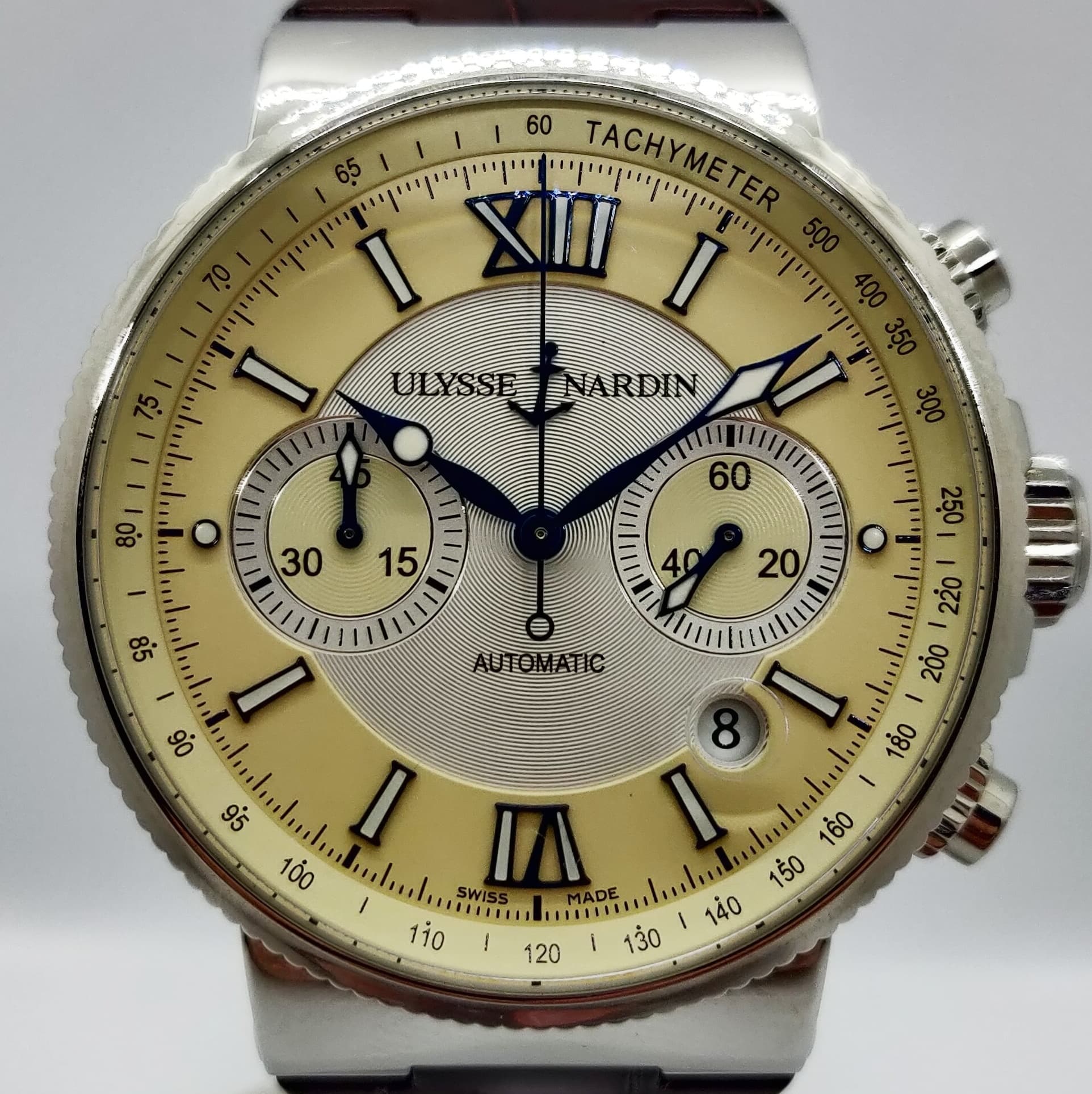 Reloj Ulysse Nardin Marine Chronograph automático acero esfera champagne taquímetro en Joyería Recoleta