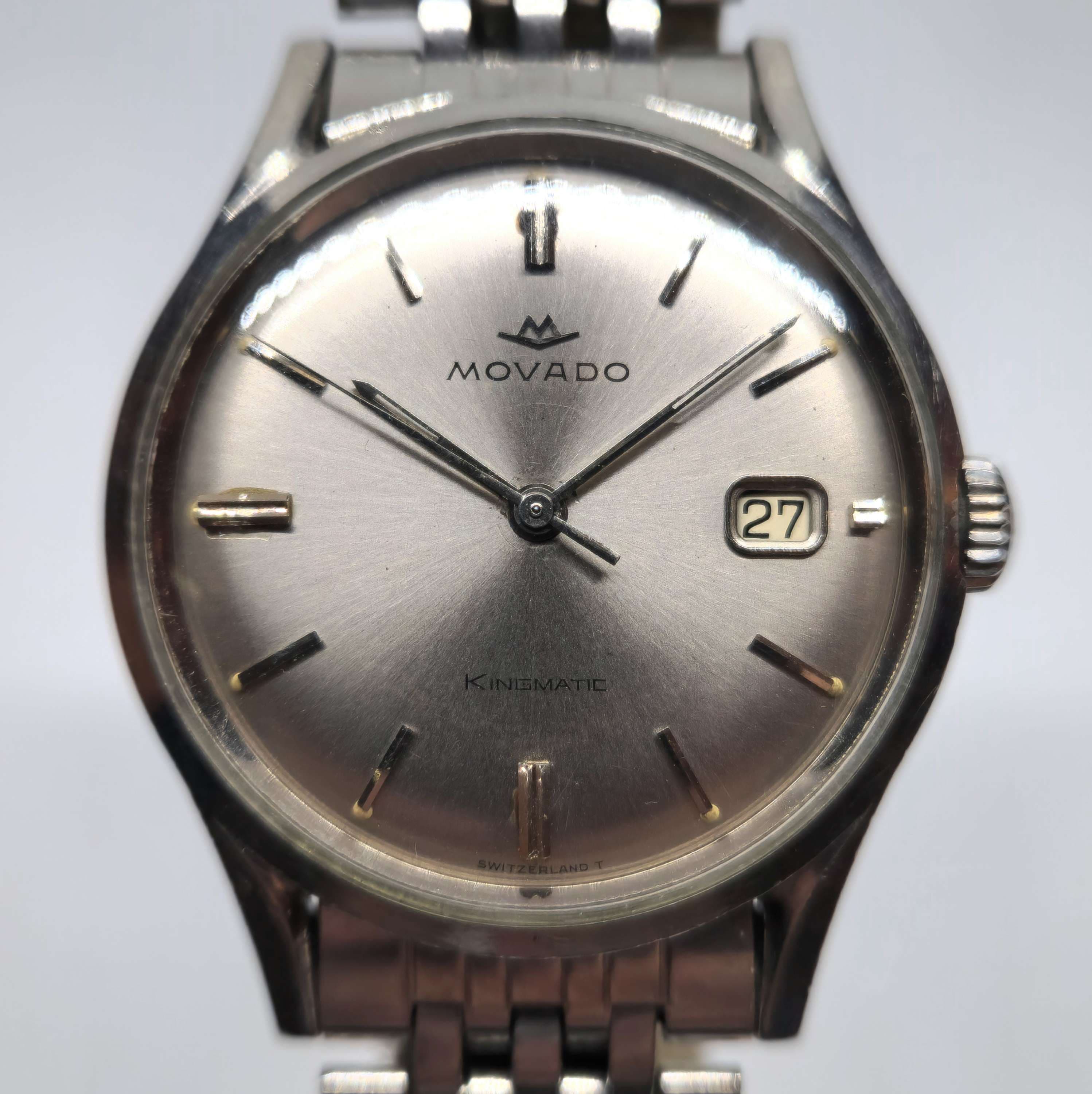 Reloj Movado Kingmatic vintage acero inoxidable con fecha y dial plateado en Joyería Recoleta