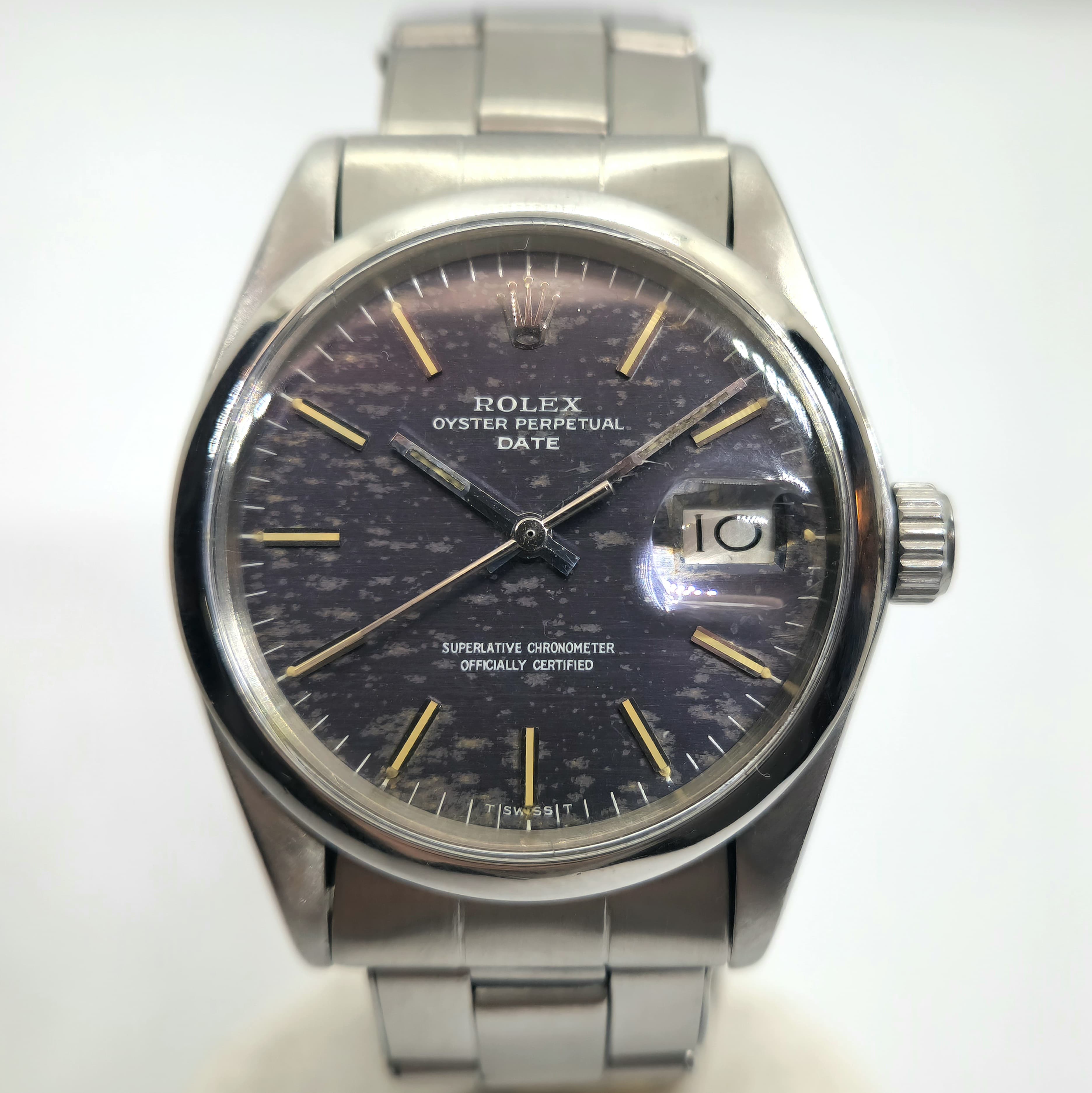 Reloj Rolex Oyster Perpetual Date ref. 1500 en acero con esfera linen azul patinada en Joyería Recoleta