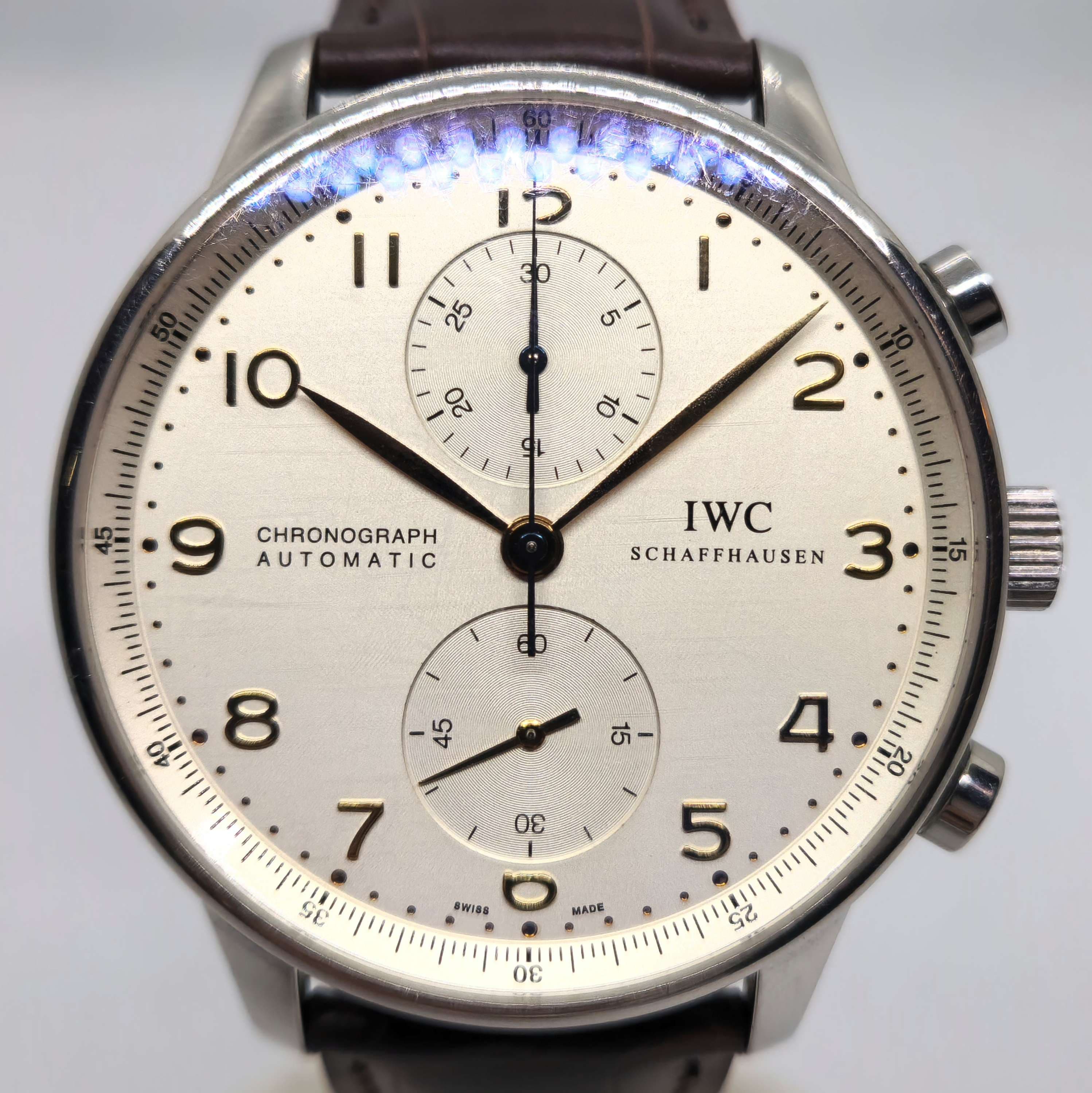 Reloj IWC Portugieser cronógrafo automático acero plateado esfera blanca en Joyería Recoleta
