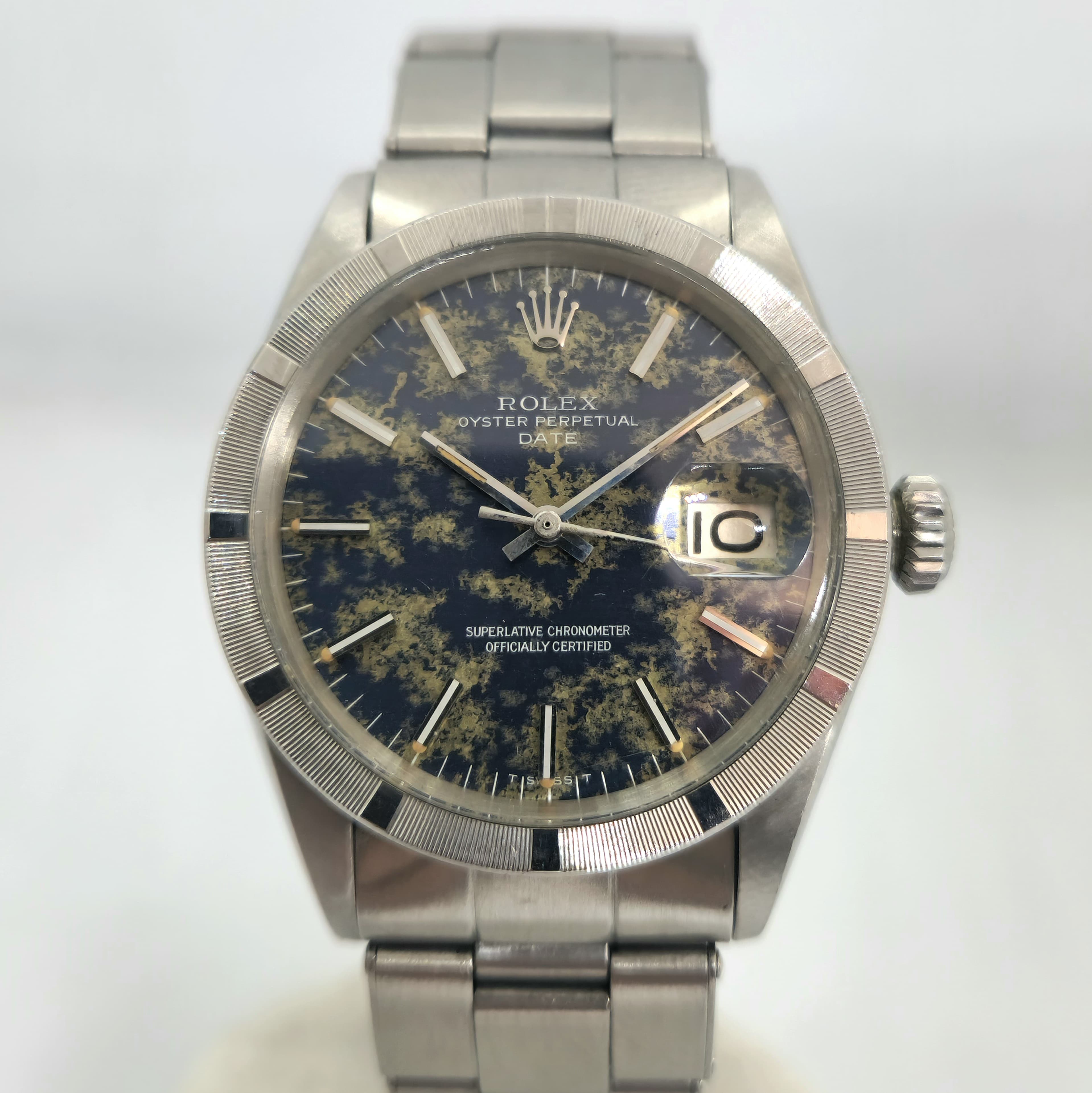 Reloj Rolex Oyster Perpetual Date ref. 1501 en acero con esfera azul tropical patinada en Joyería Recoleta.