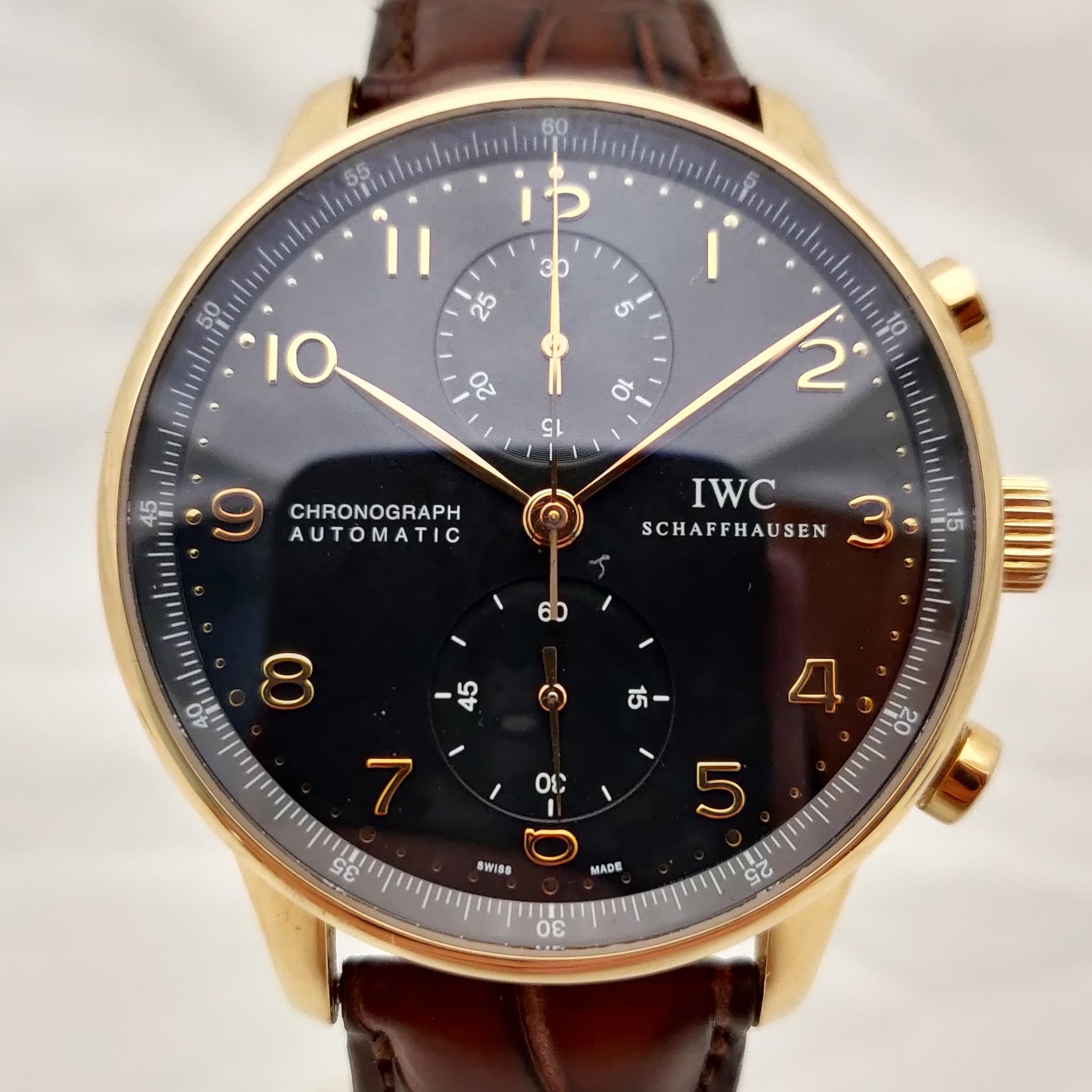 Reloj IWC Portugieser cronógrafo automático en oro rosa con dial negro en Joyería Recoleta