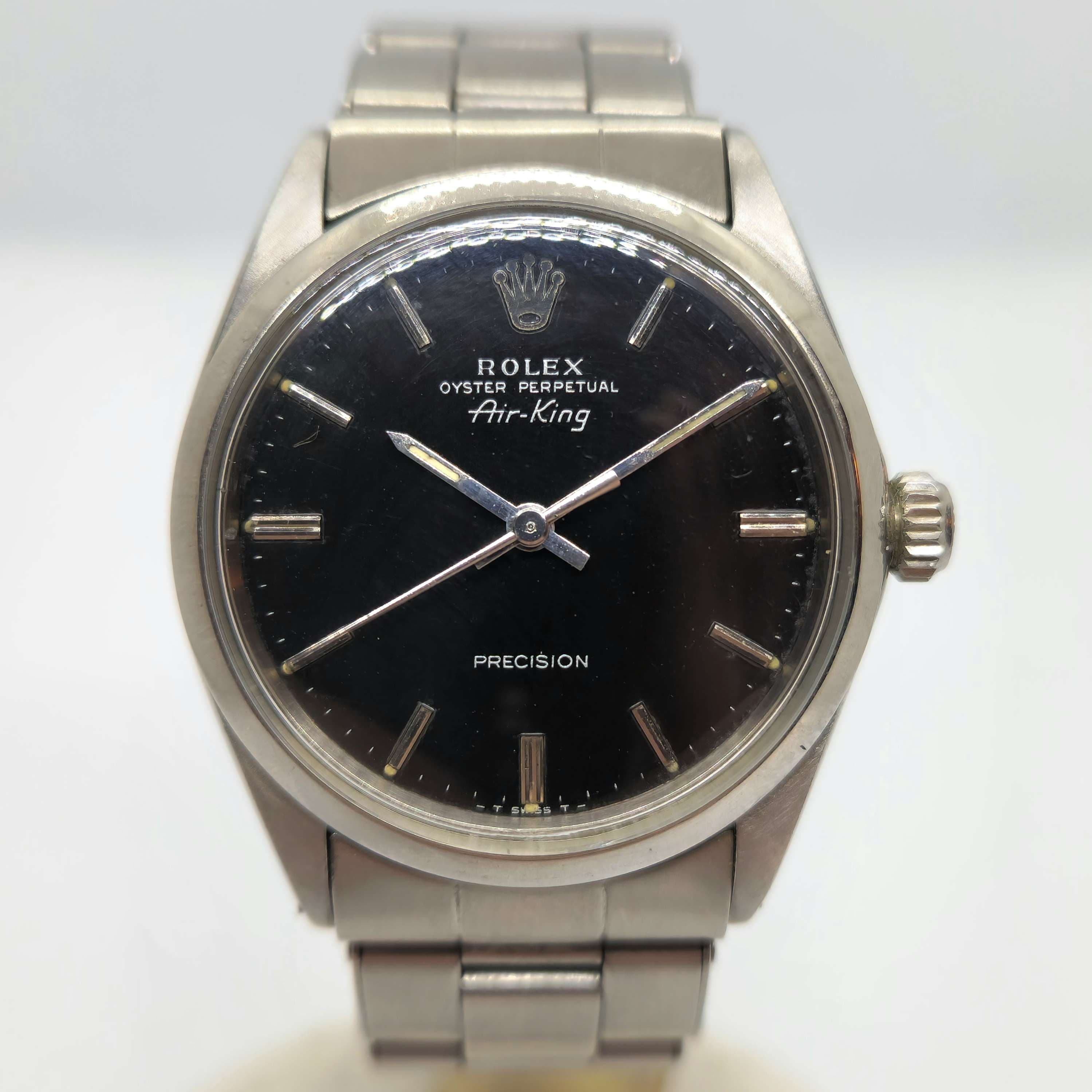 Reloj Rolex Air-King Oyster Perpetual en acero con esfera negra y detalles plateados en Joyería Recoleta