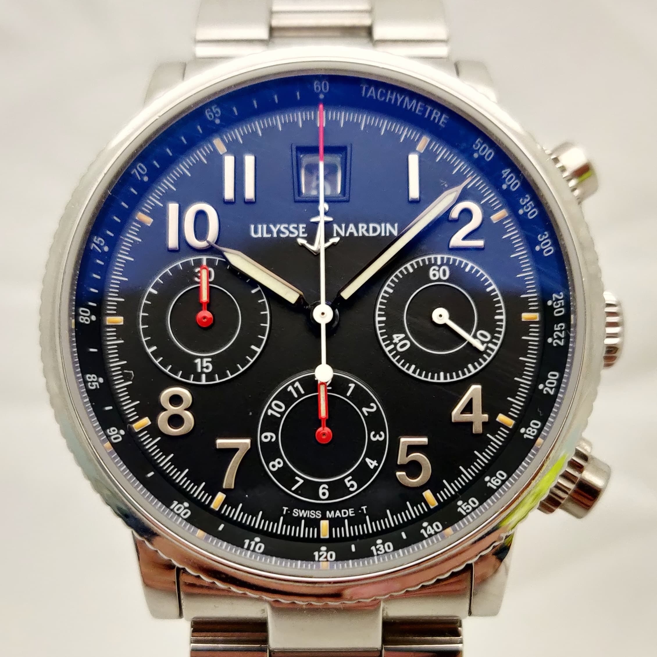 Reloj cronógrafo Ulysse Nardin Marine en acero con esfera azul y negro en Joyería Recoleta
