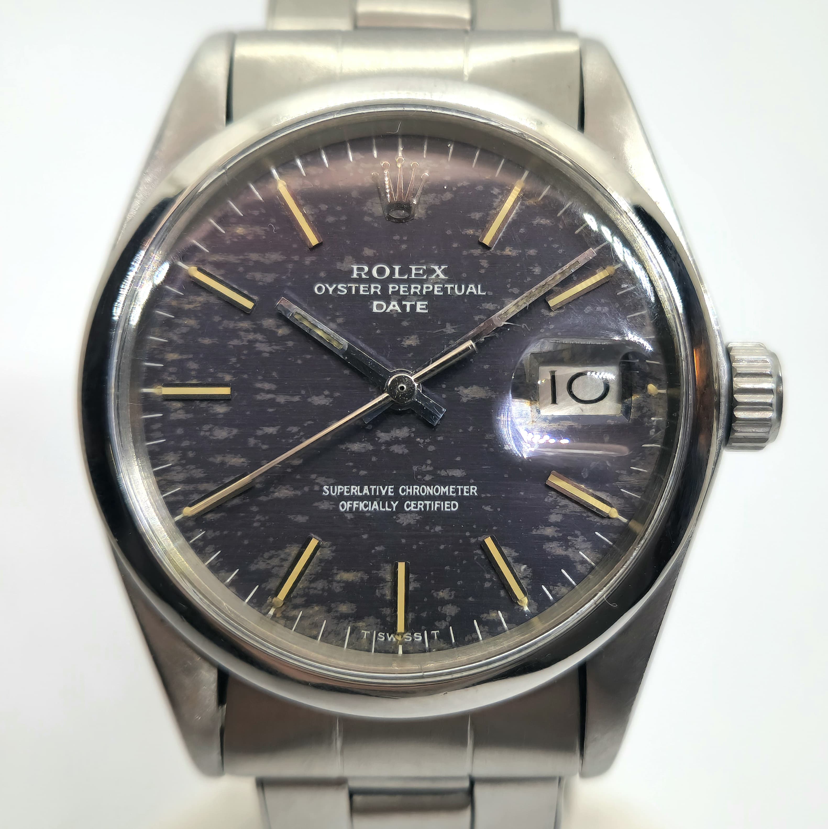 Reloj Rolex Oyster Perpetual Date ref. 1500 acero con dial linen azul vintage en Joyería Recoleta.