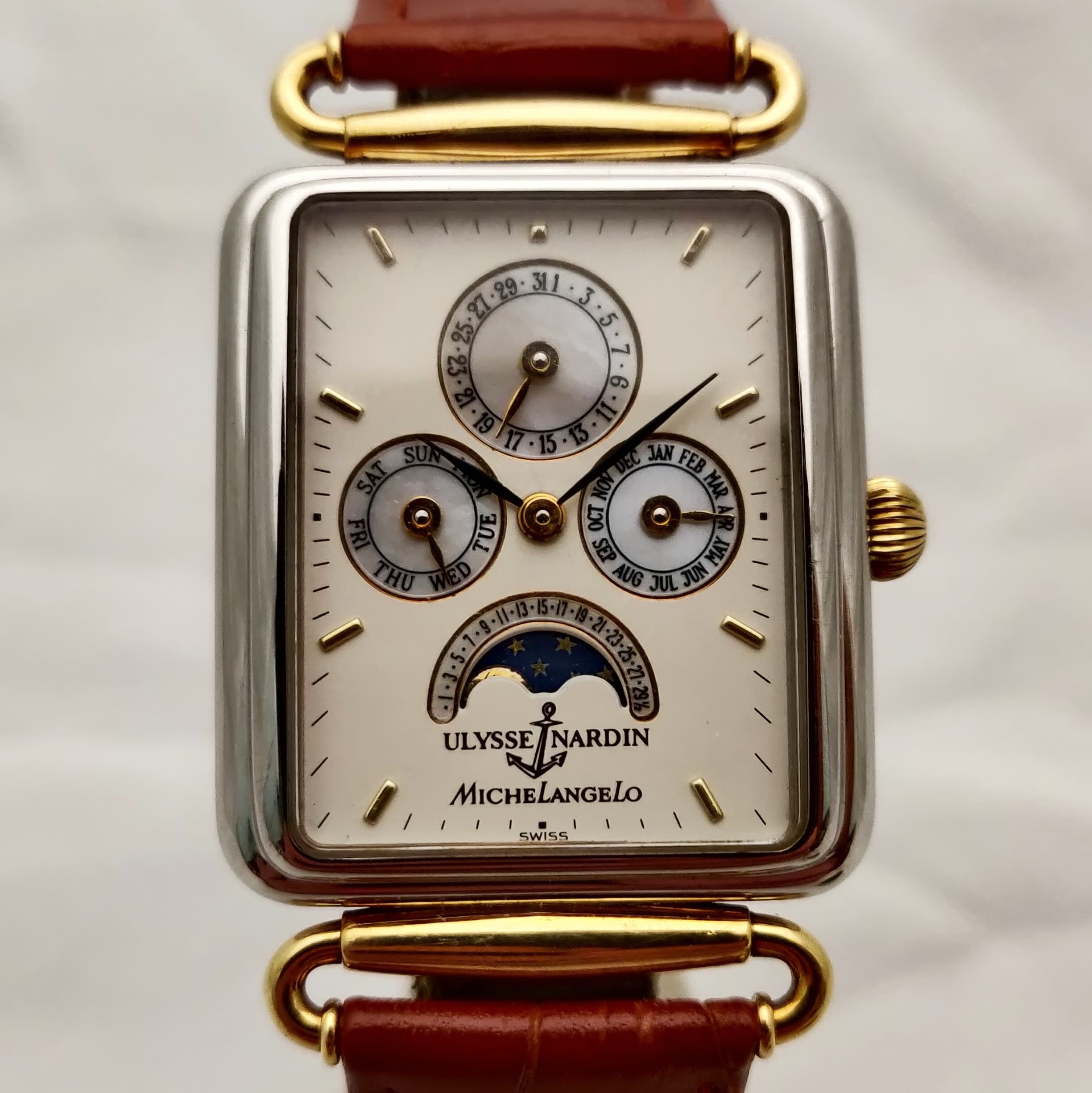 Reloj Ulysse Nardin Michelangelo acero y oro amarillo con fase lunar y calendario perpetuo en Joyería Recoleta