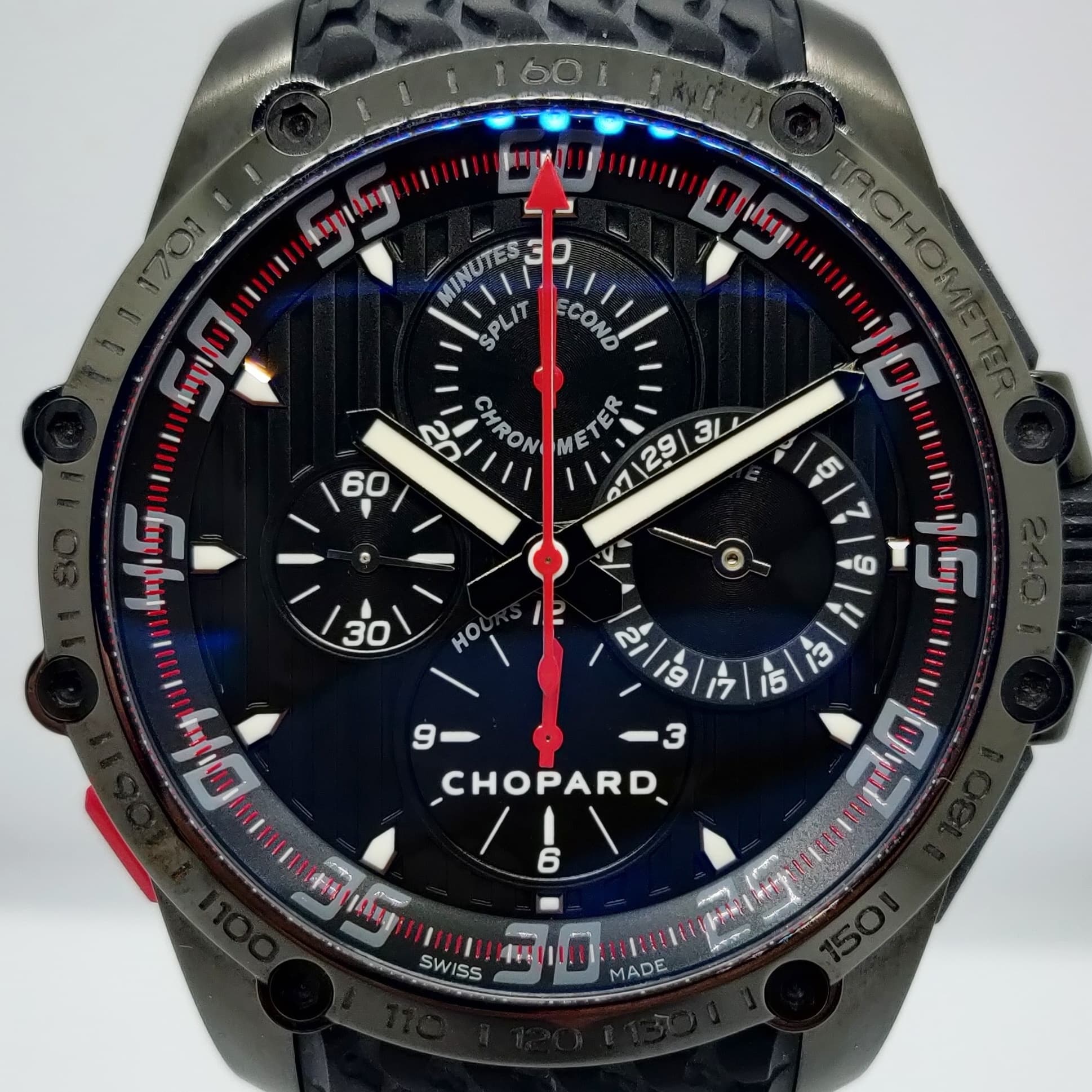 Reloj cronógrafo Chopard Mille Miglia SuperFast Split Second en acero negro con esfera azul, segundero rojo y tacómetro en Joyería Recoleta.