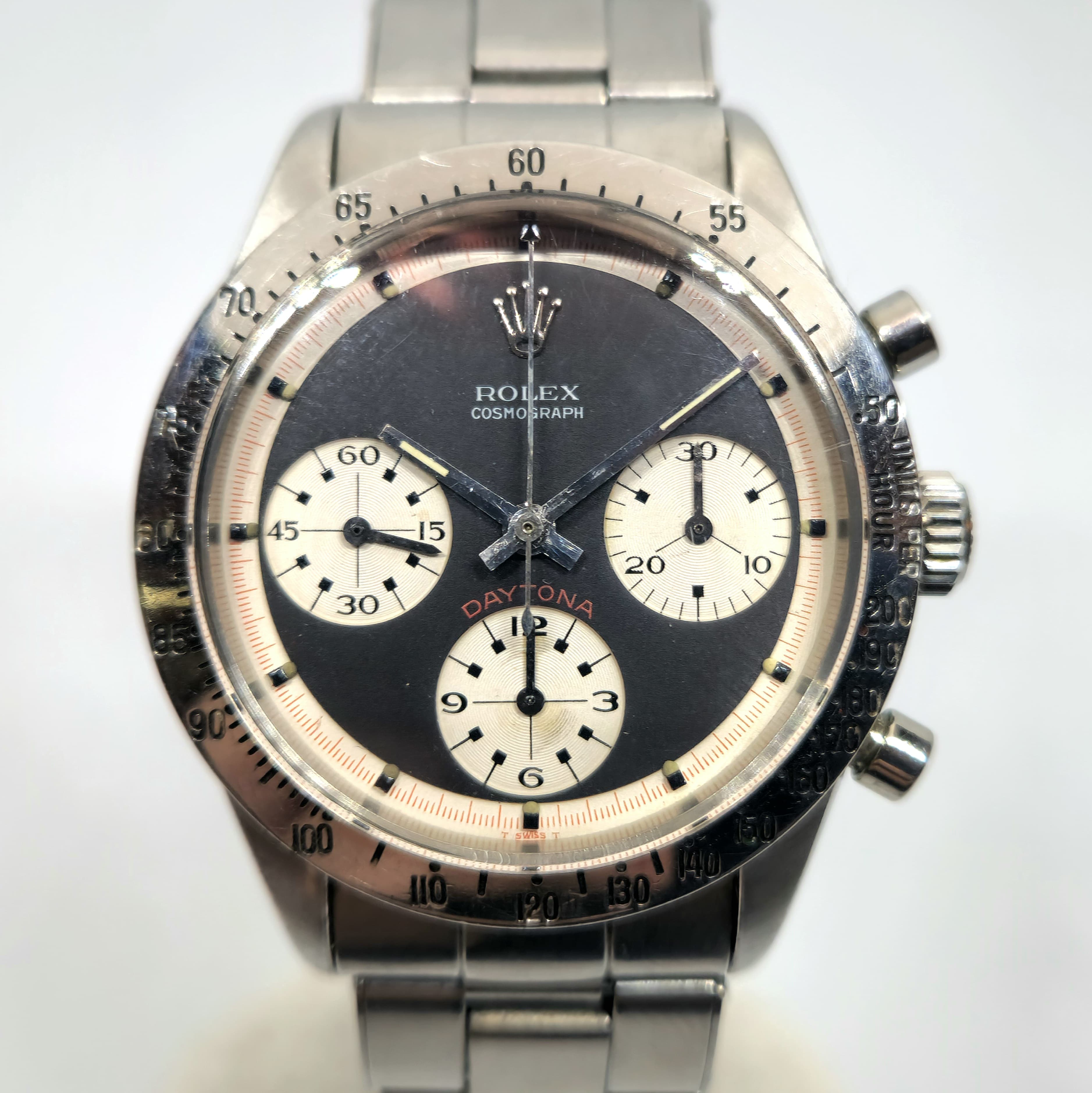 Reloj cronógrafo Rolex Daytona ref. 6239 Paul Newman en acero con esfera negra y subdiales marfil en Joyería Recoleta.