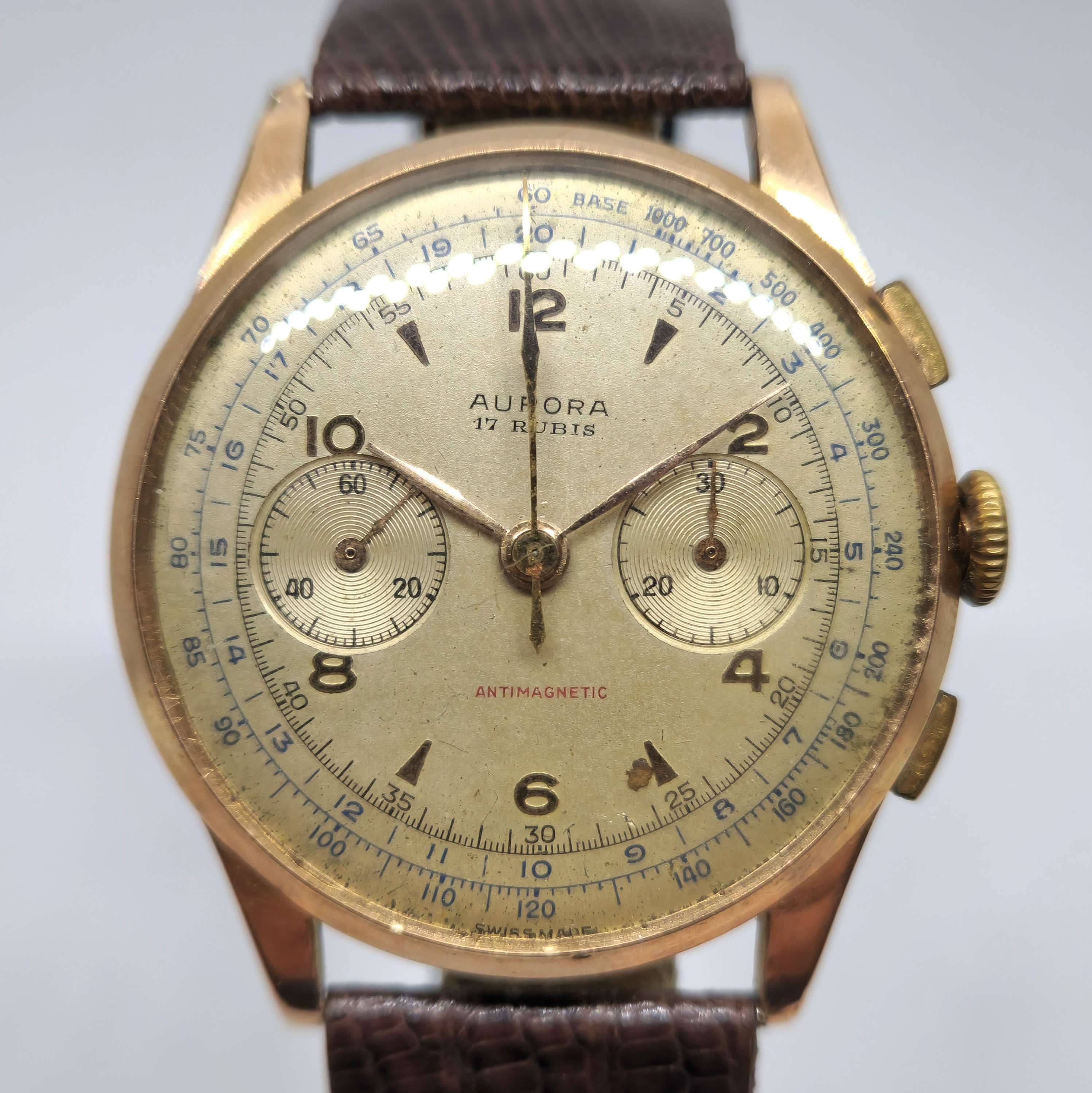 Reloj cronógrafo Aurora 17 Rubis dorado antimagnético Swiss Made en Joyería Recoleta