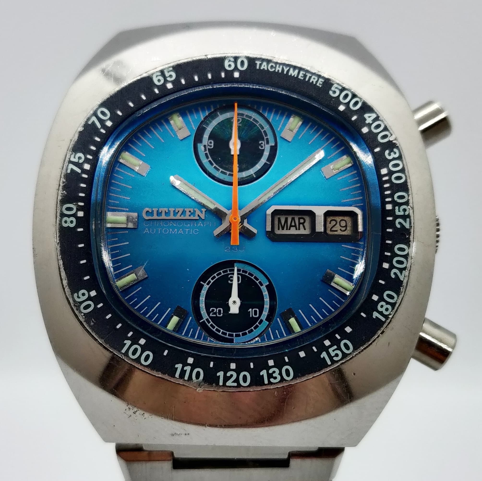 Reloj Citizen Chronograph Automatic acero inoxidable esfera azul taquímetro vintage en Joyería Recoleta