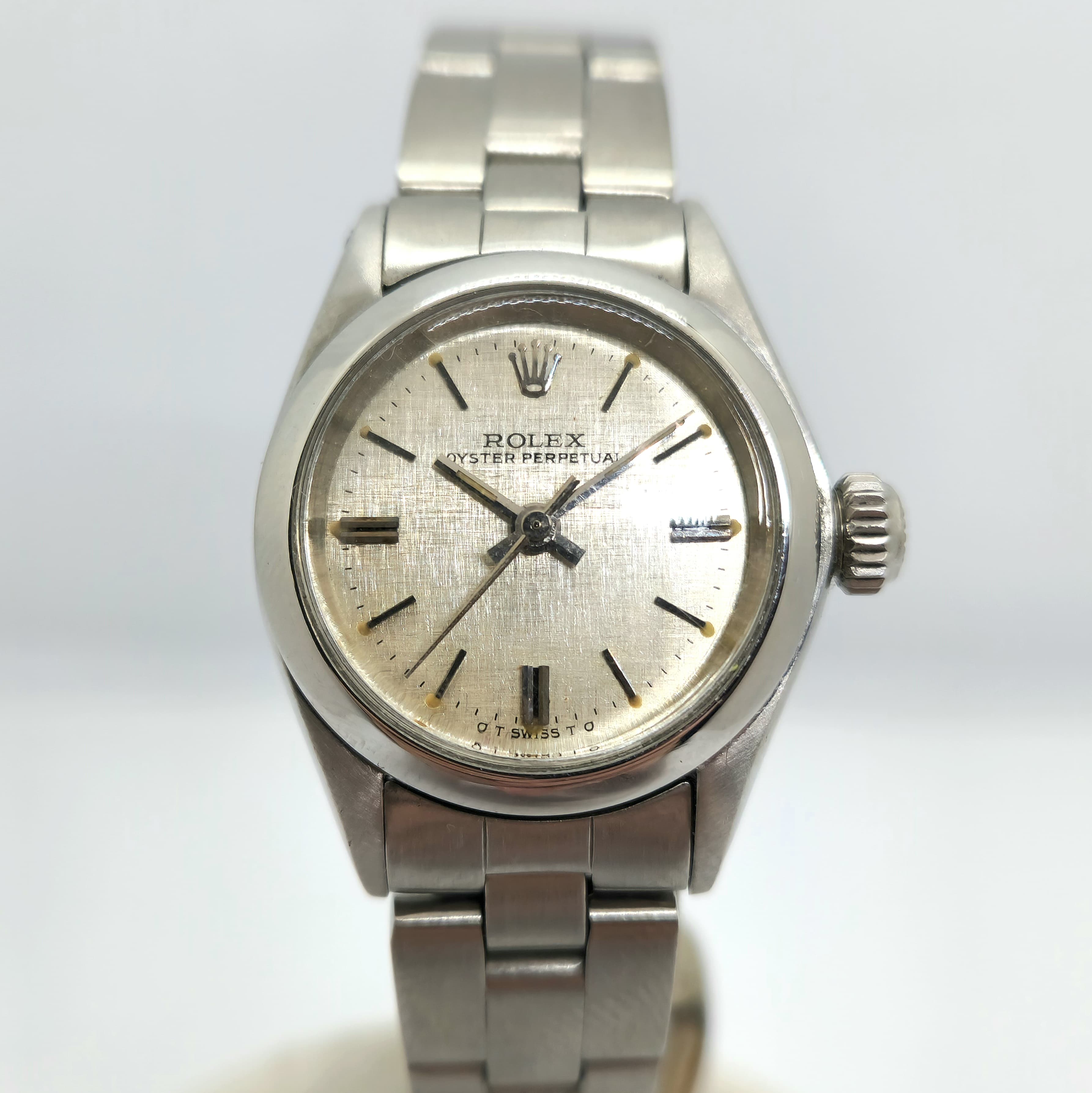 Reloj Rolex Oyster Perpetual dama ref. 6718 acero inoxidable dial linen vintage en Joyería Recoleta.