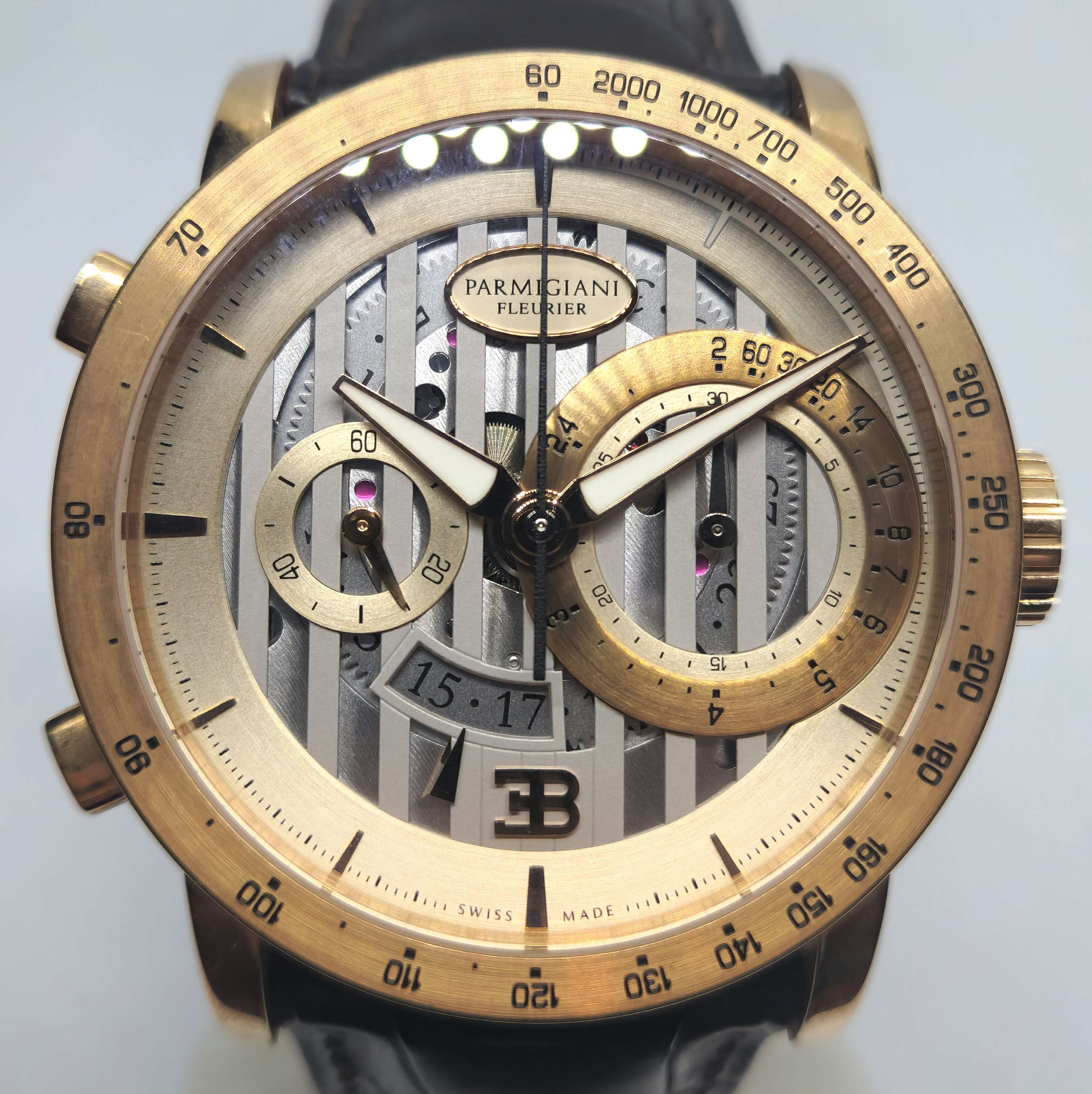 Reloj Parmigiani Fleurier Bugatti Atalante Flyback en oro rosa con esfera esqueleto en Joyería Recoleta.