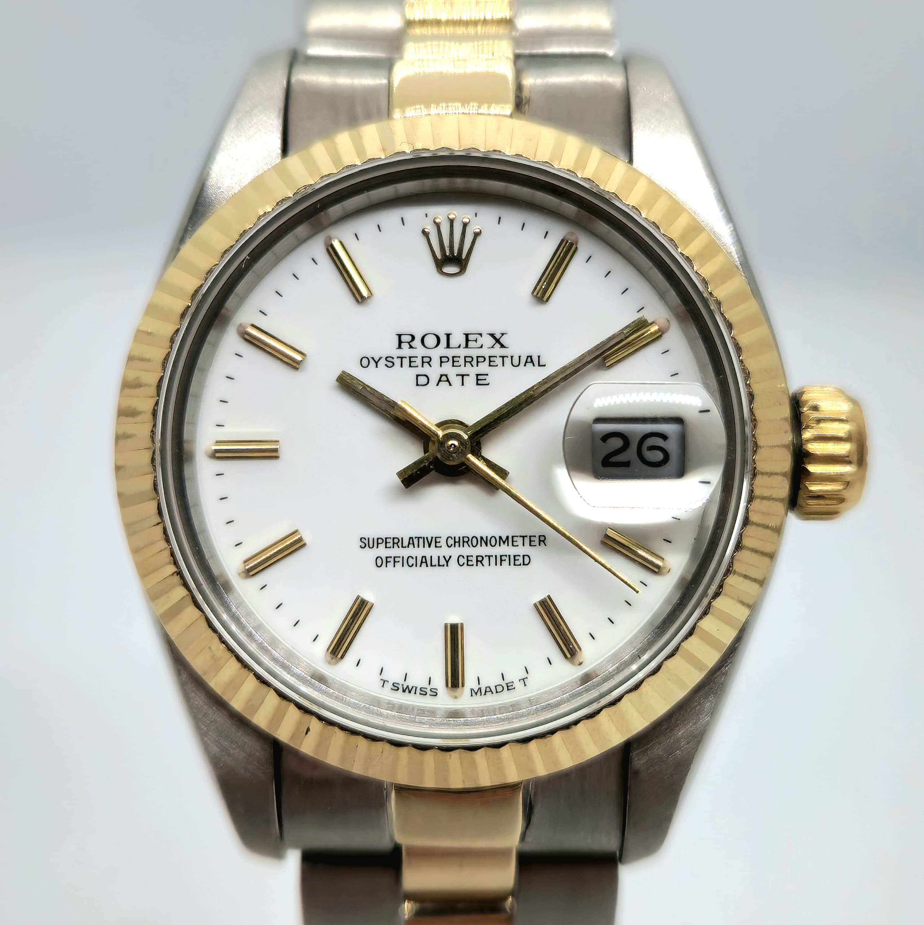 Reloj Rolex Oyster Perpetual Date dama acero y oro amarillo dial blanco en Joyería Recoleta