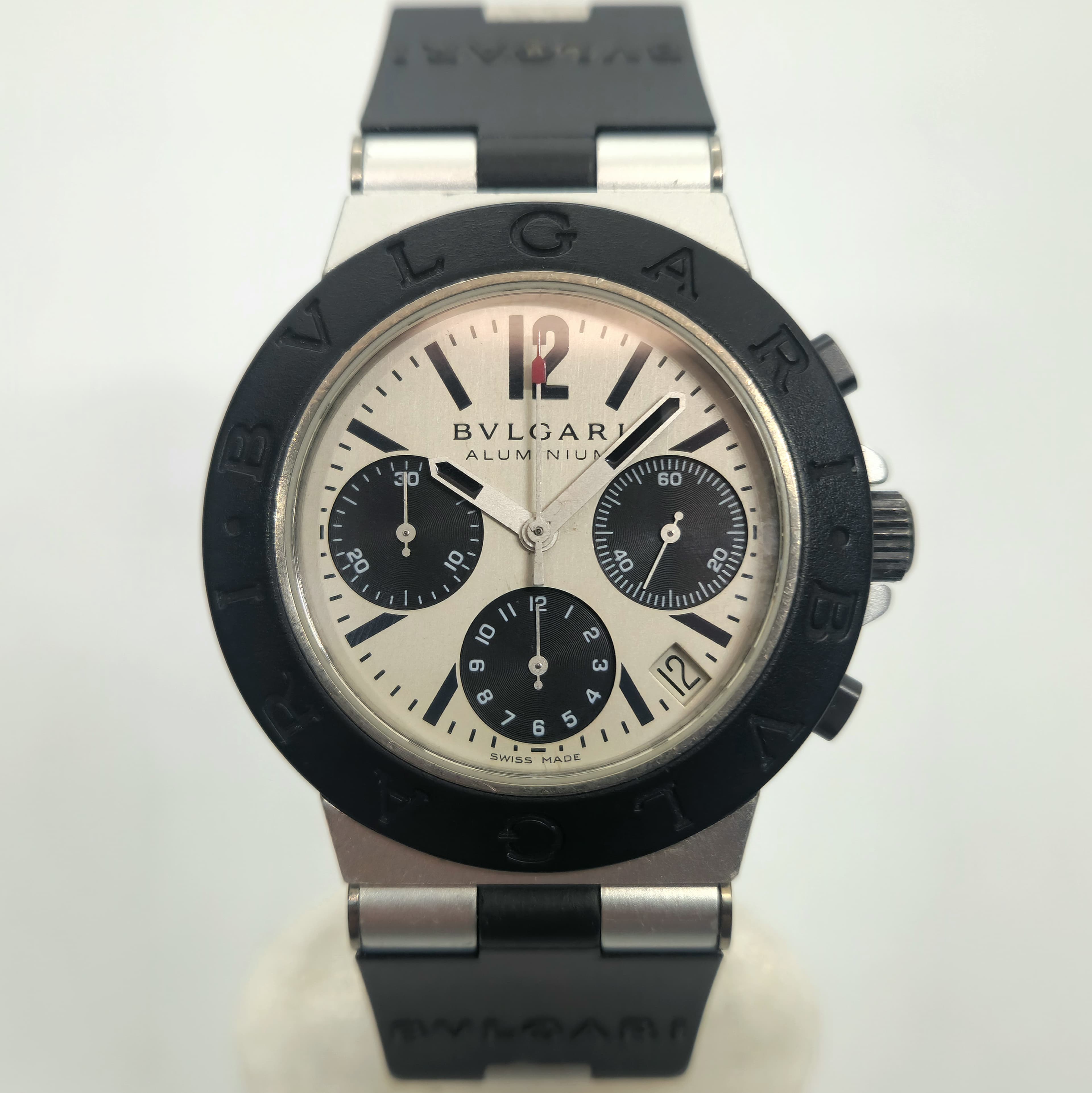 Reloj Bvlgari Aluminium Chronograph acero y caucho negro con tres subesferas en Joyería Recoleta