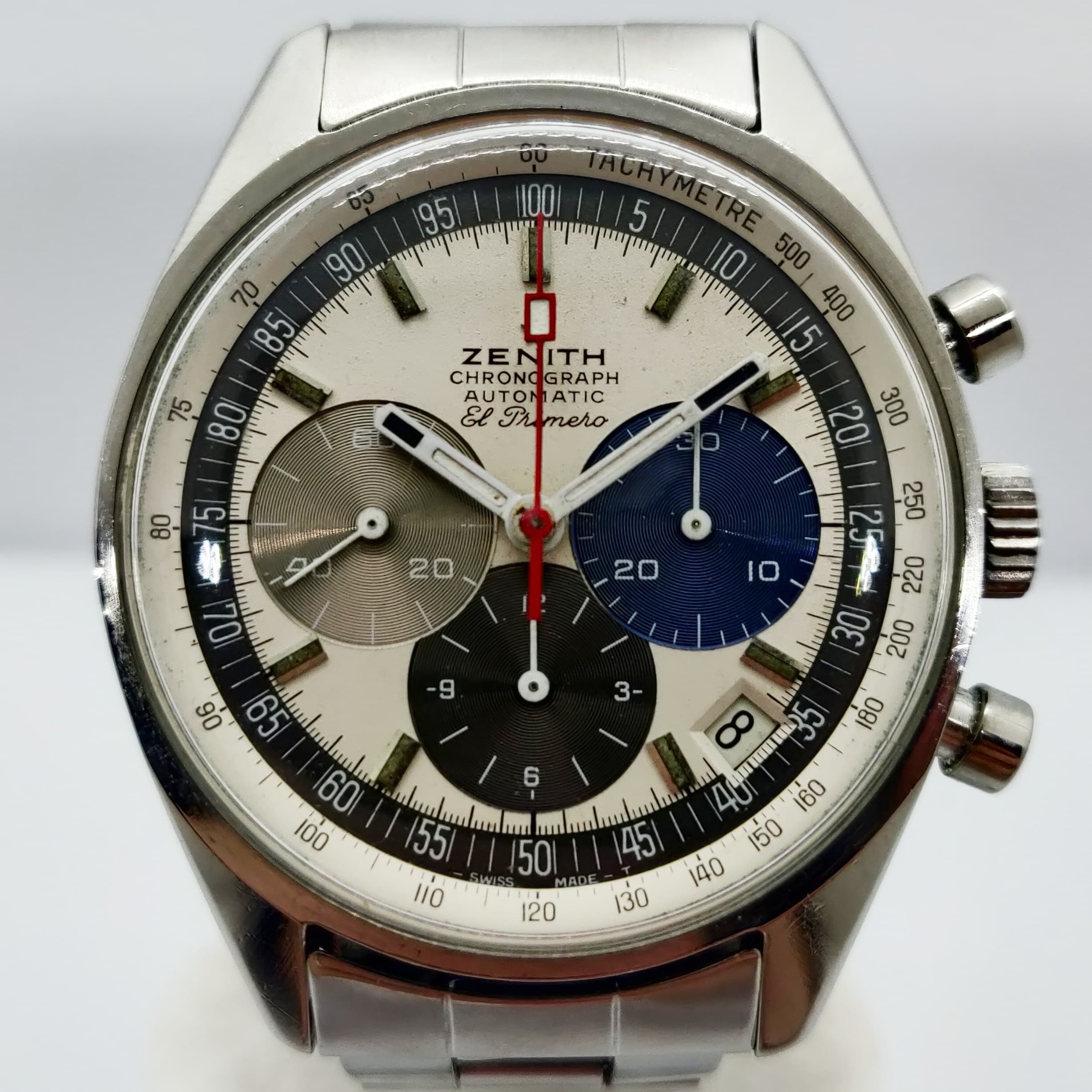 Reloj cronógrafo automático Zenith El Primero A386 Mark I en acero inoxidable con esfera tricolor y bisel taquímetro en Joyería Recoleta