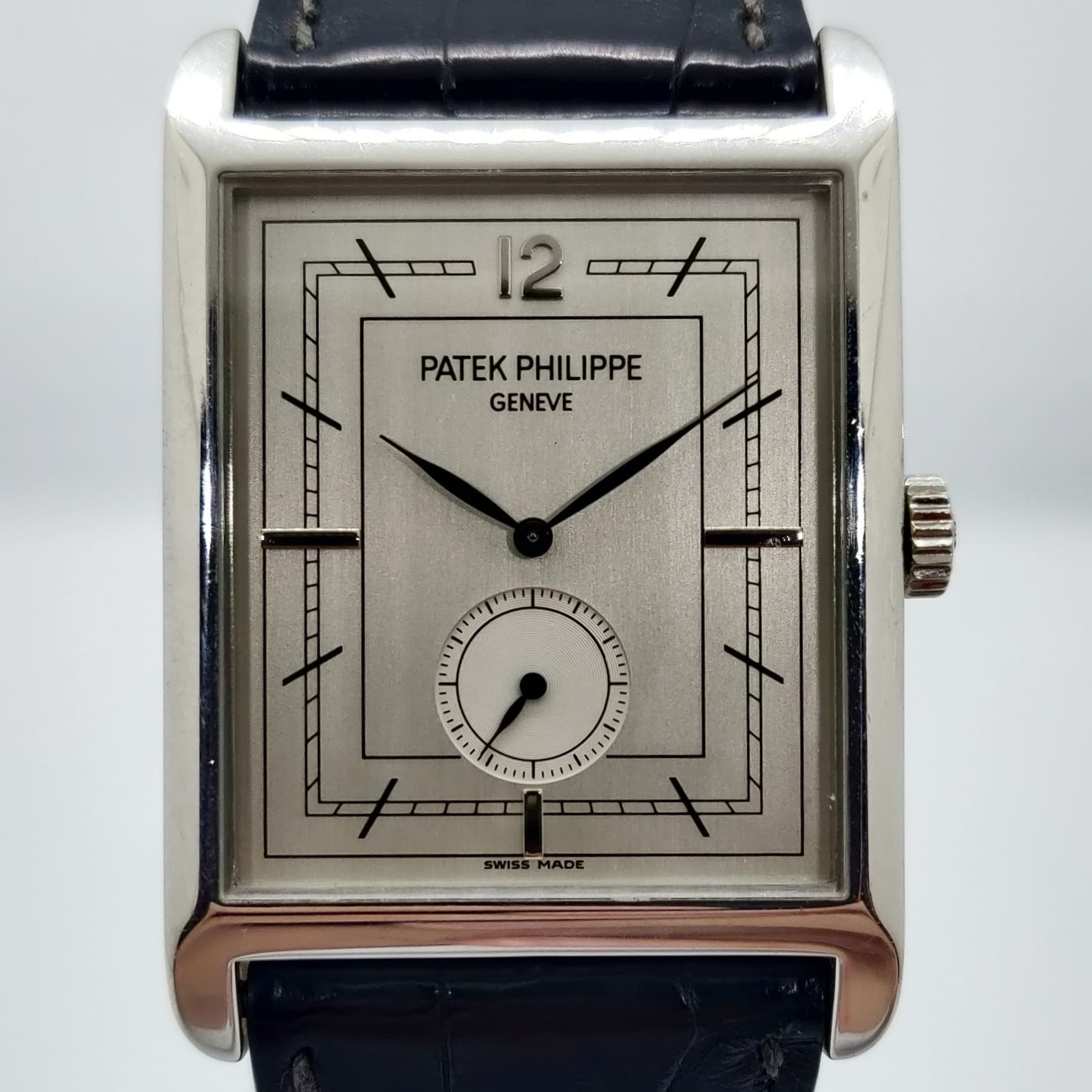 Reloj Patek Philippe Gondolo ref. 5109 rectangular en oro blanco con segundero subdial y correa cocodrilo azul en Joyería Recoleta