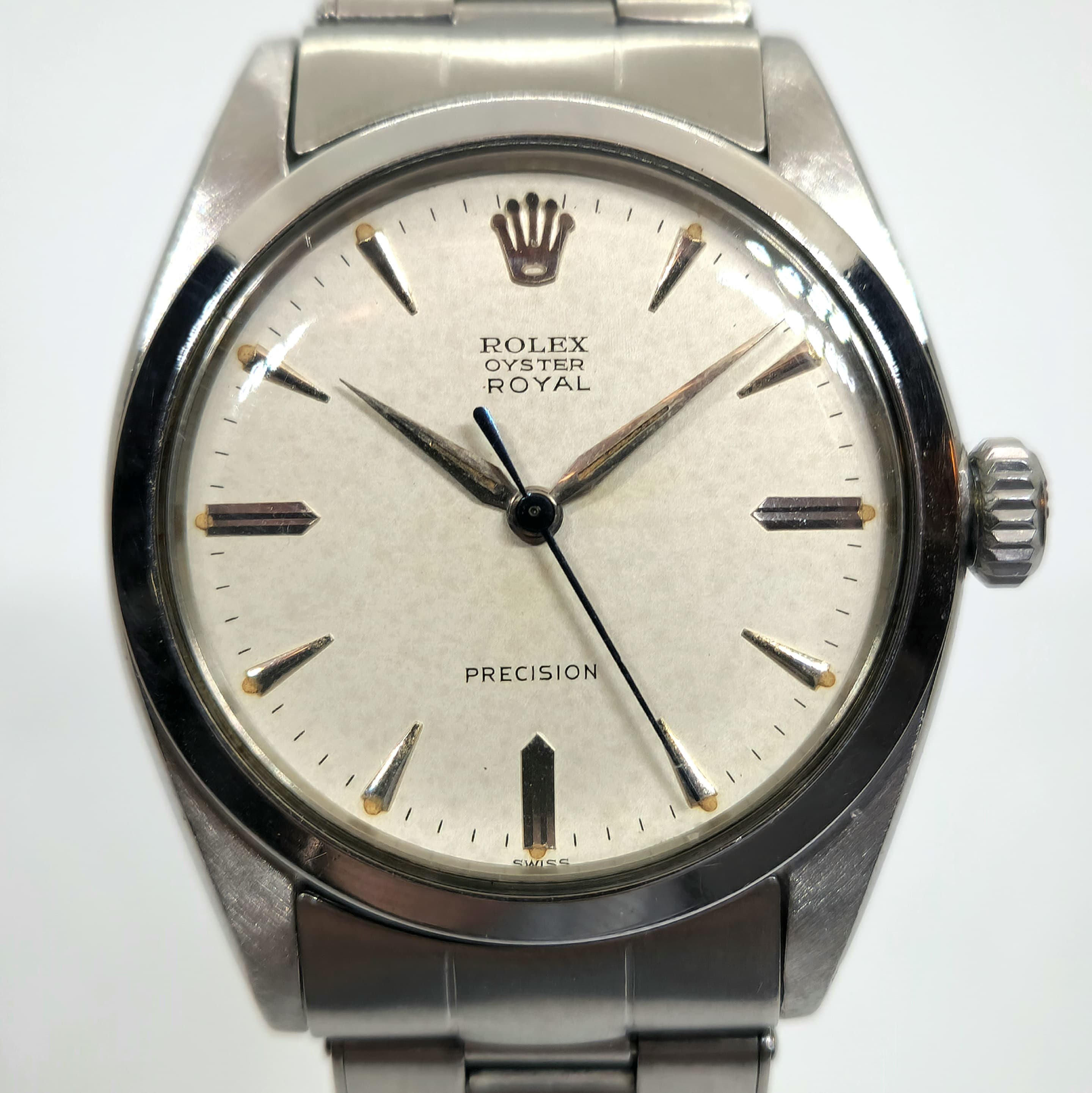 Reloj vintage Rolex Oyster Royal Precision en acero inoxidable con esfera plateada en Joyería Recoleta