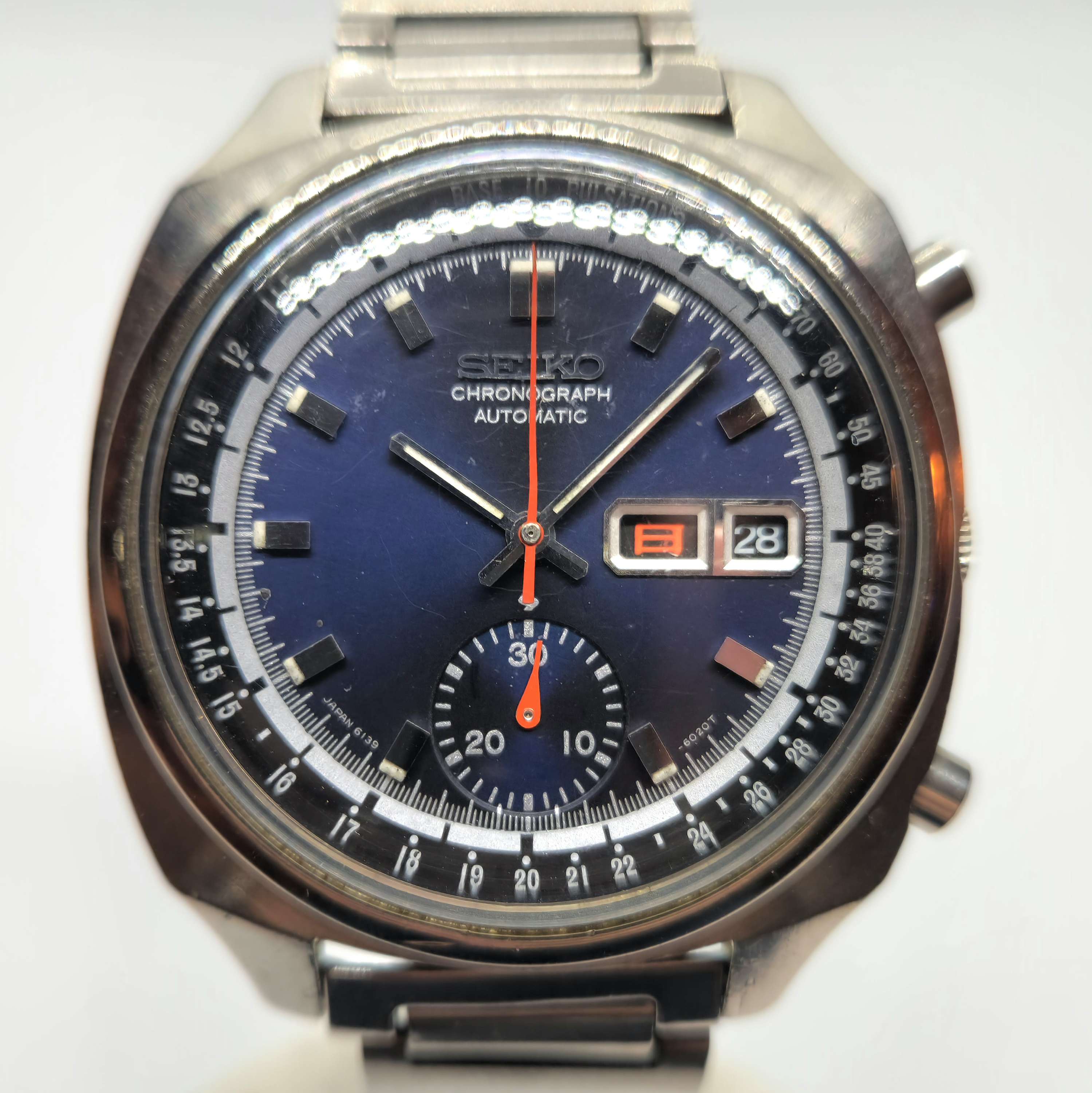 Reloj cronógrafo automático Seiko 6139 acero inoxidable esfera azul bisel taquímetro en Joyería Recoleta