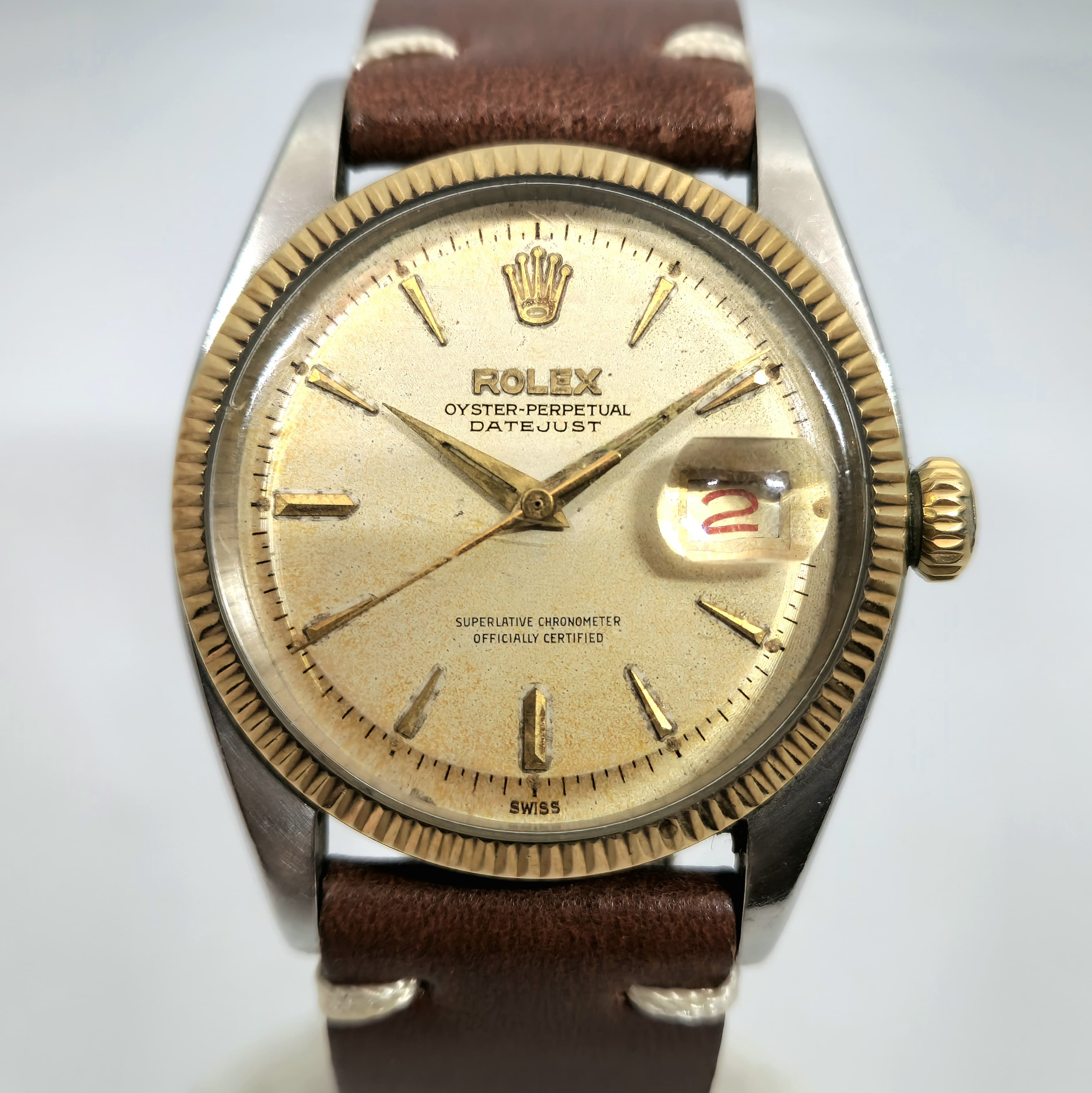 Reloj Rolex Datejust ref. 6605 vintage acero y oro amarillo con malla cuero marrón en Joyería Recoleta