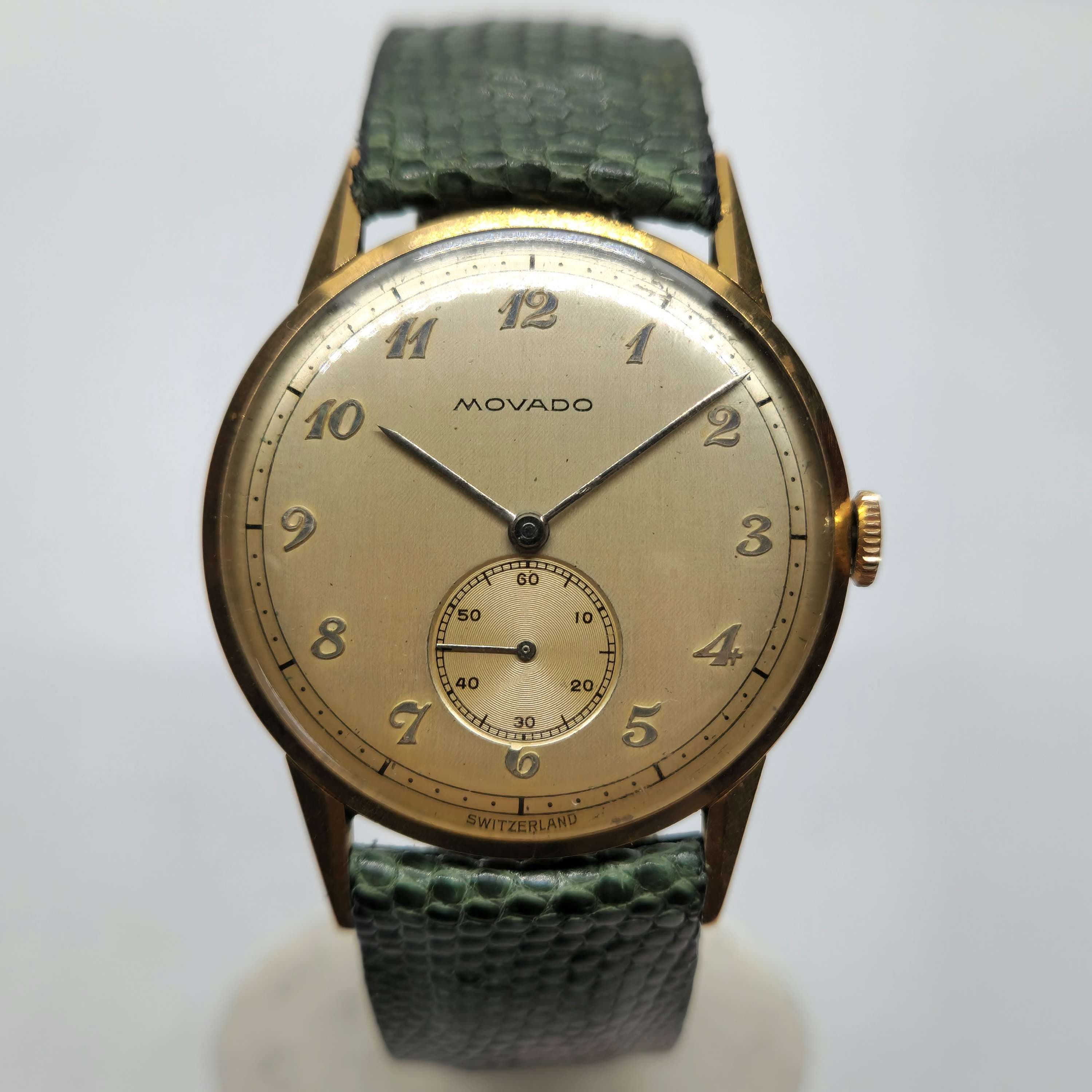 Reloj vintage Movado Calatrava en oro amarillo con segundero subdial y malla verde en Joyería Recoleta