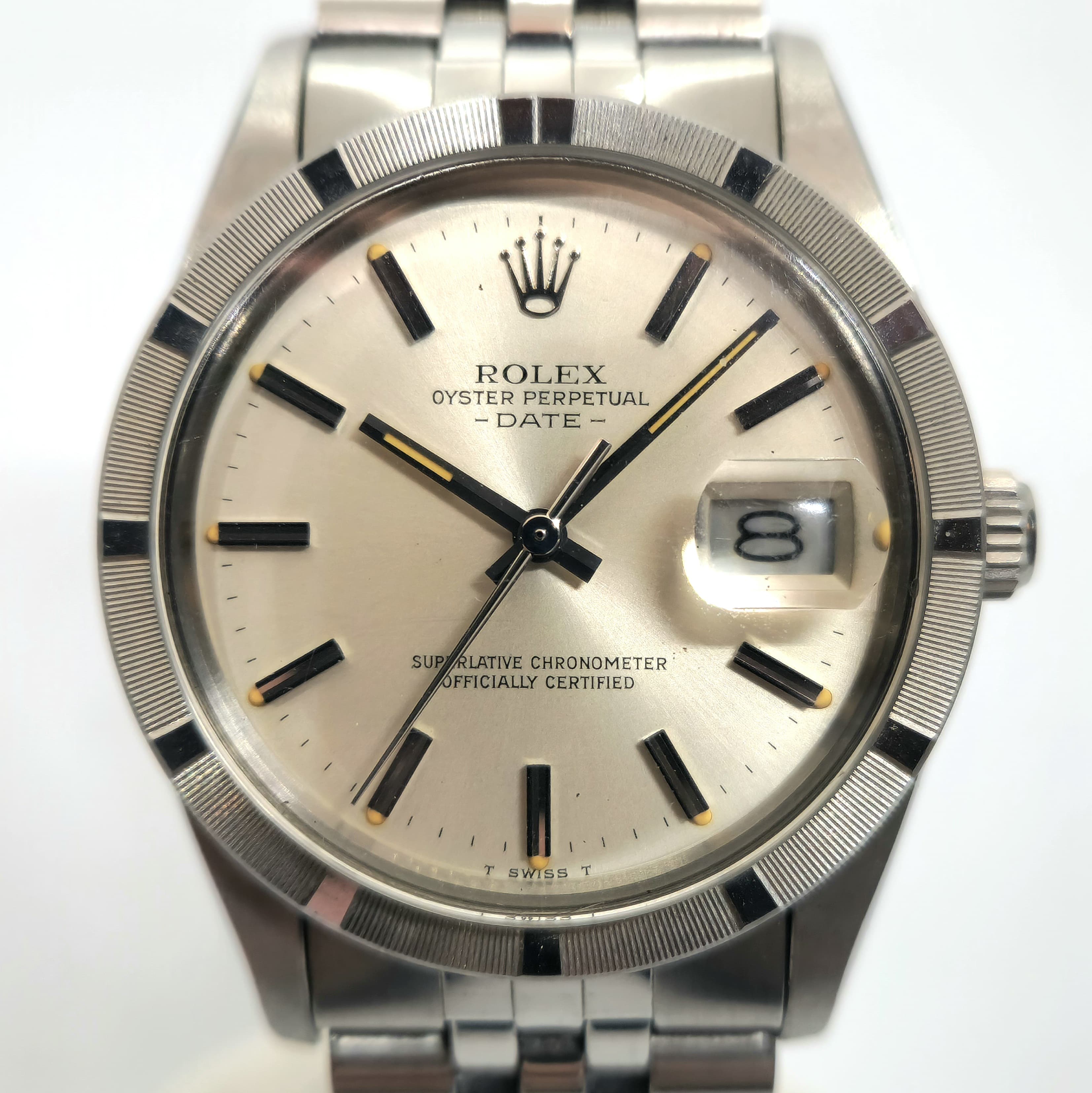 Reloj Rolex Oyster Perpetual Date acero inoxidable esfera plateada soleil vintage en Joyería Recoleta
