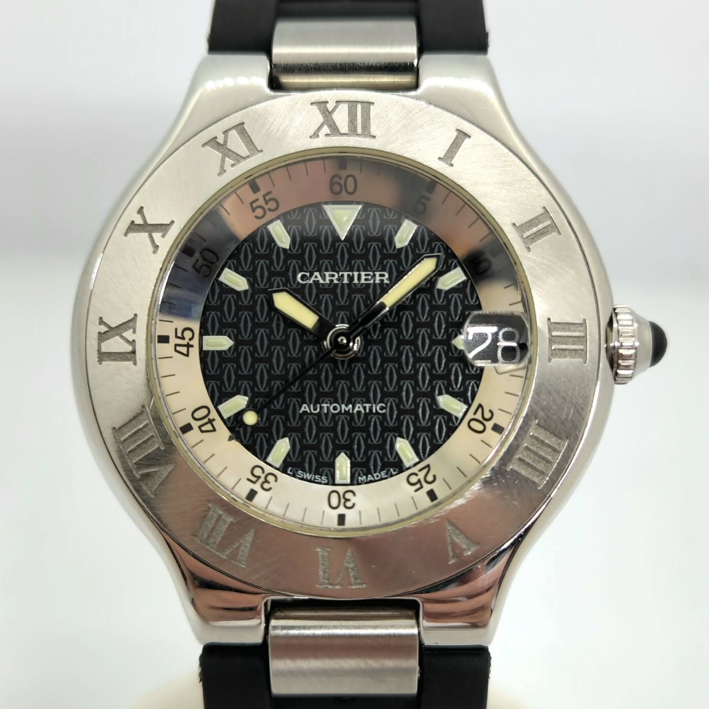 Reloj Cartier Autoscaph automático acero con bisel romano y correa de caucho negro en Joyería Recoleta
