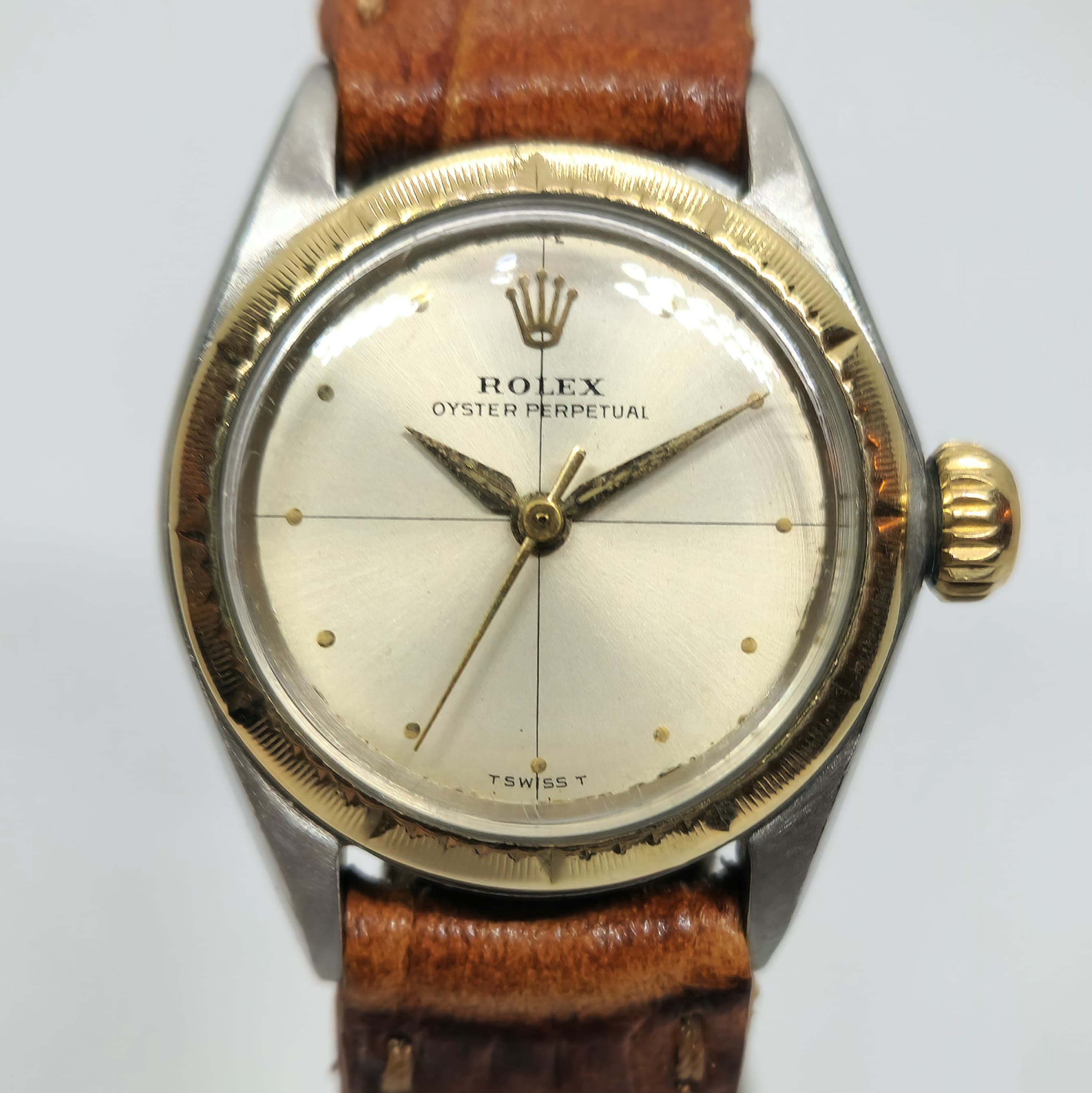 Reloj Rolex Oyster Perpetual Zephyr ref. 6621 bicolor acero y oro amarillo con malla de cuero marrón en Joyería Recoleta.