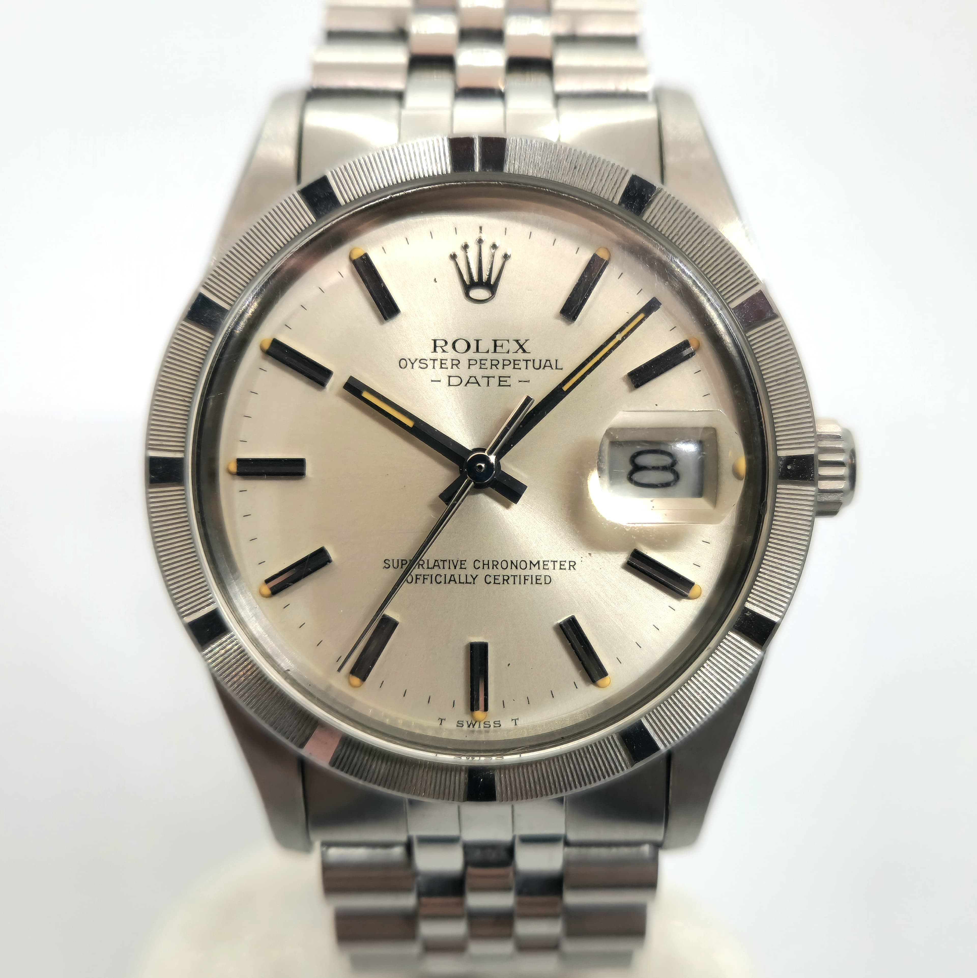 Reloj Rolex Oyster Perpetual Date acero inoxidable esfera plateada soleil con fecha en Joyería Recoleta