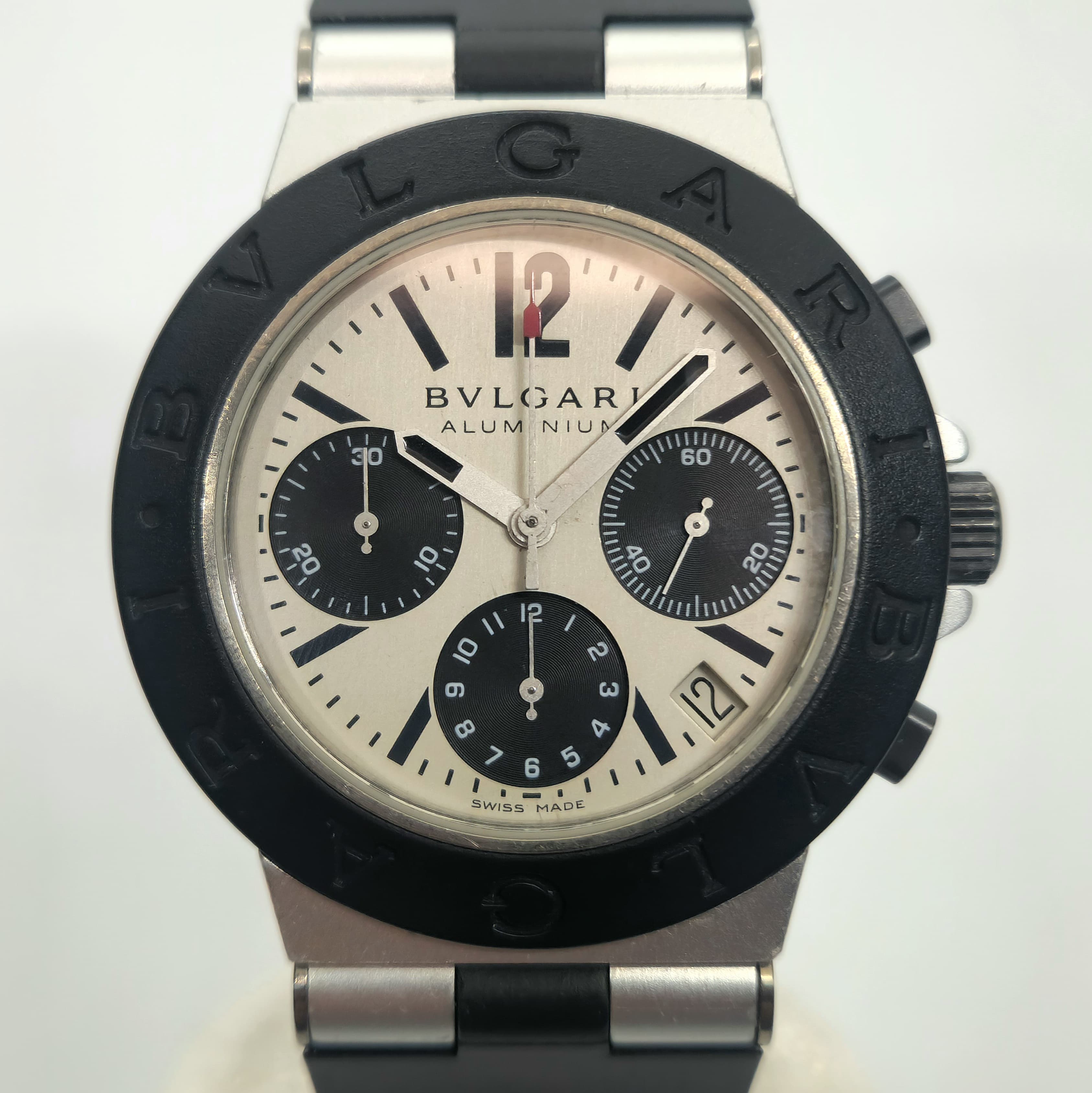 Reloj Bvlgari Aluminium Chronograph acero y caucho negro con tres subdiales en Joyería Recoleta