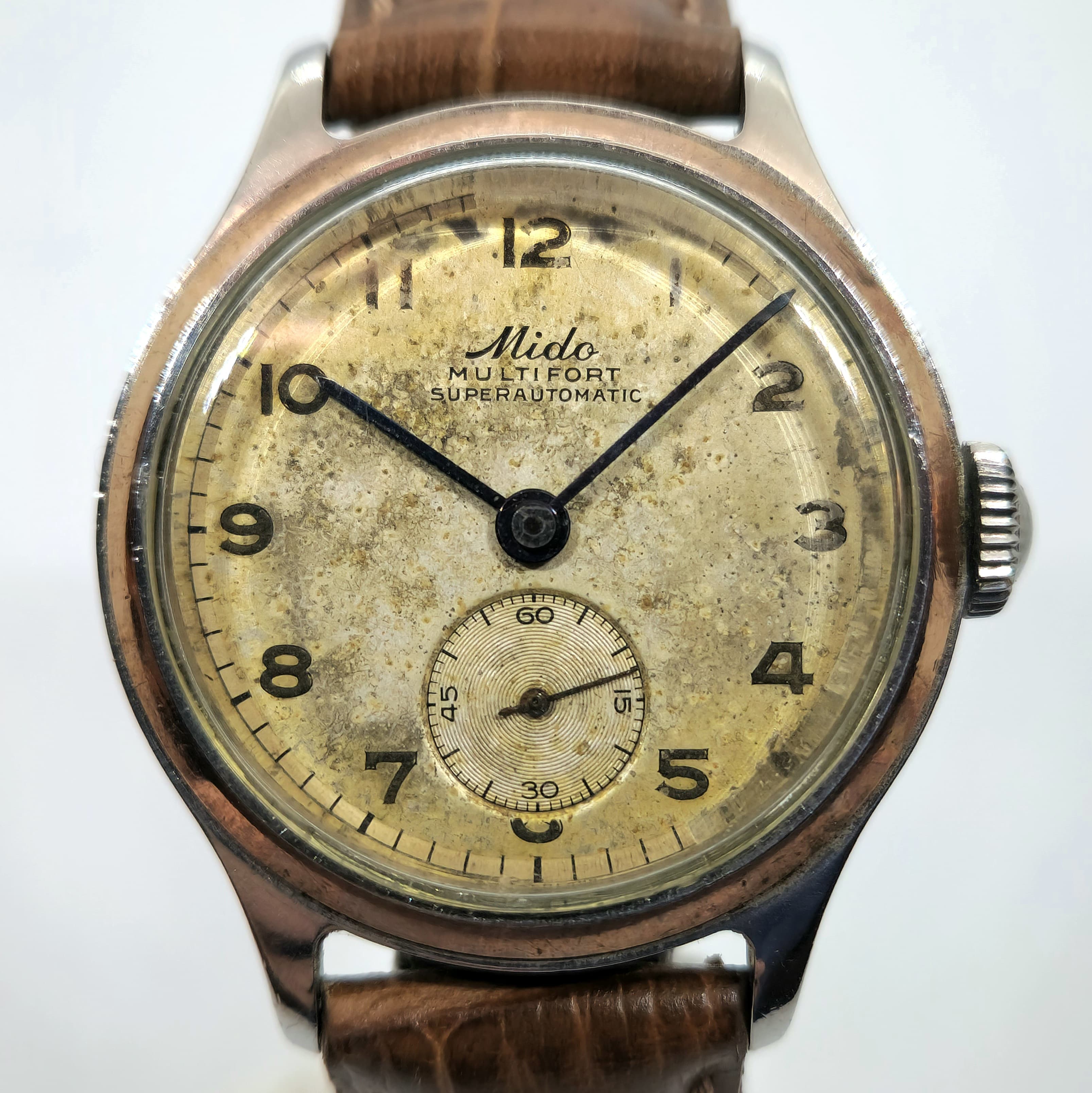 Reloj vintage Mido Multifort Superautomatic acero y oro rosado con esfera patinada en Joyería Recoleta