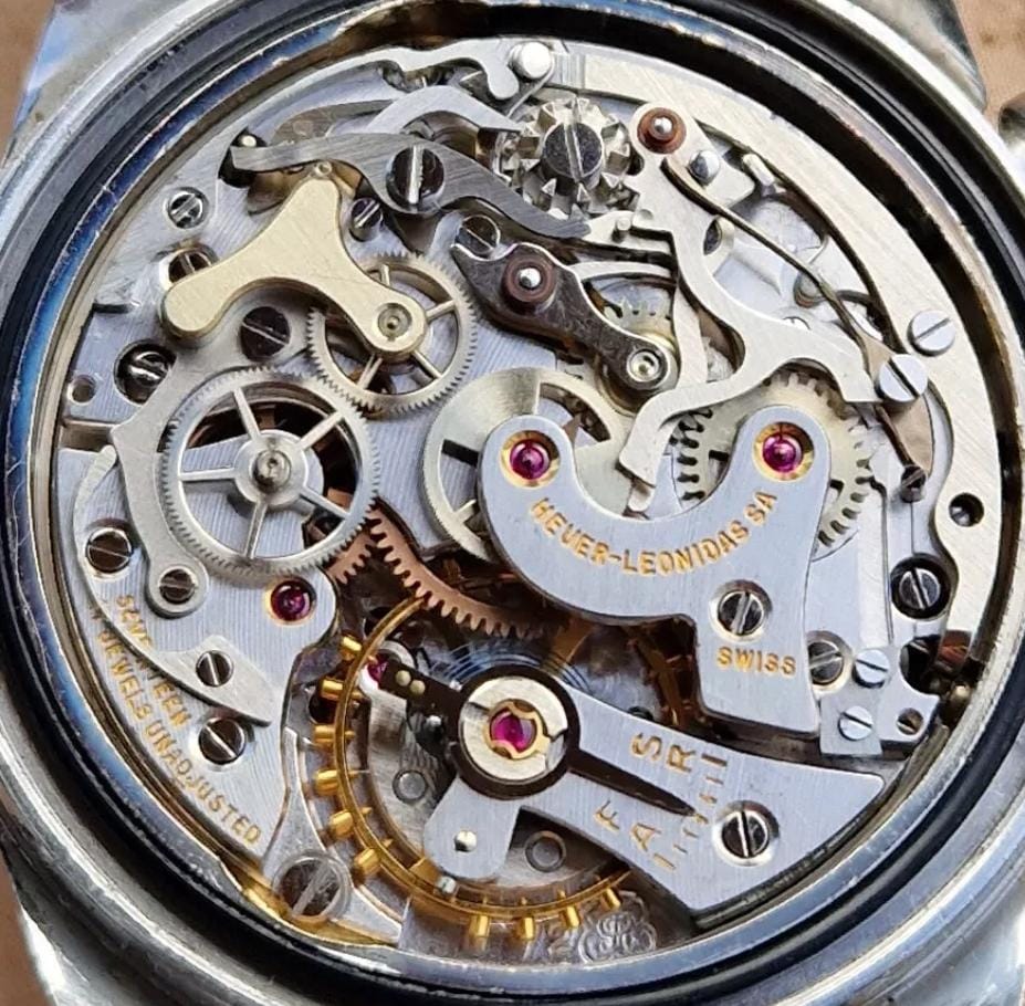 Calibre Valjoux 72, movimento cronógrafo de corda manual — Heuer-Leonidas, circa 1965–75